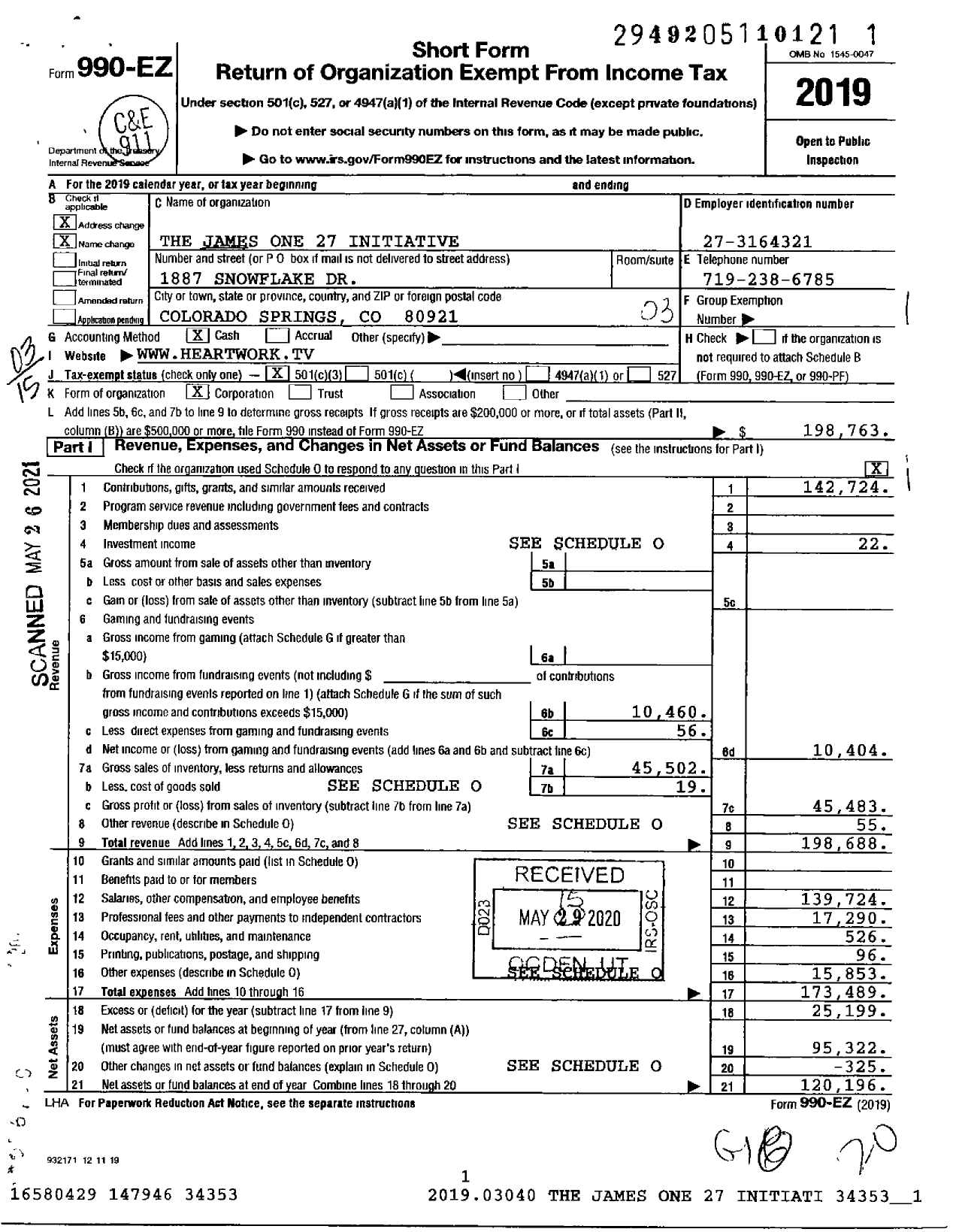 Image of first page of 2019 Form 990EZ for The James One 27 Initiative