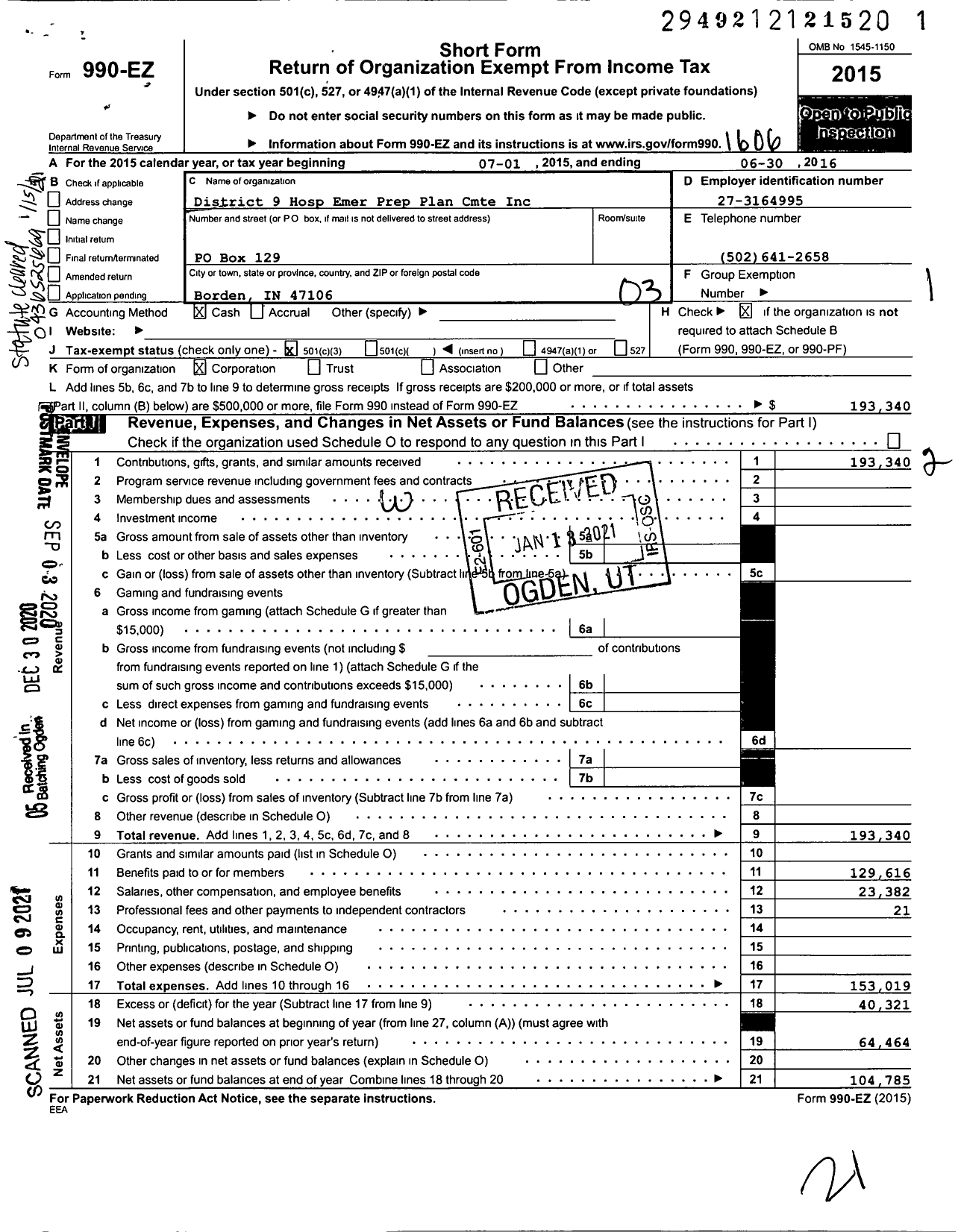 Image of first page of 2015 Form 990EZ for District 9 Hosp Emer Prep Plan Cmte