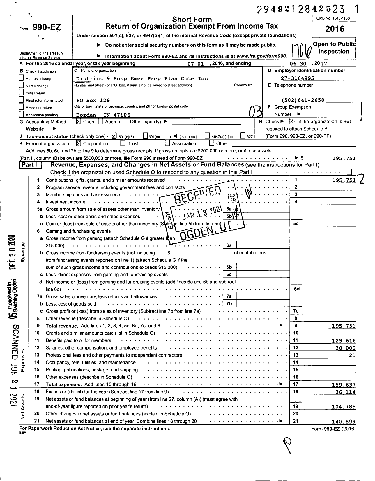 Image of first page of 2016 Form 990EZ for District 9 Hosp Emer Prep Plan Cmte