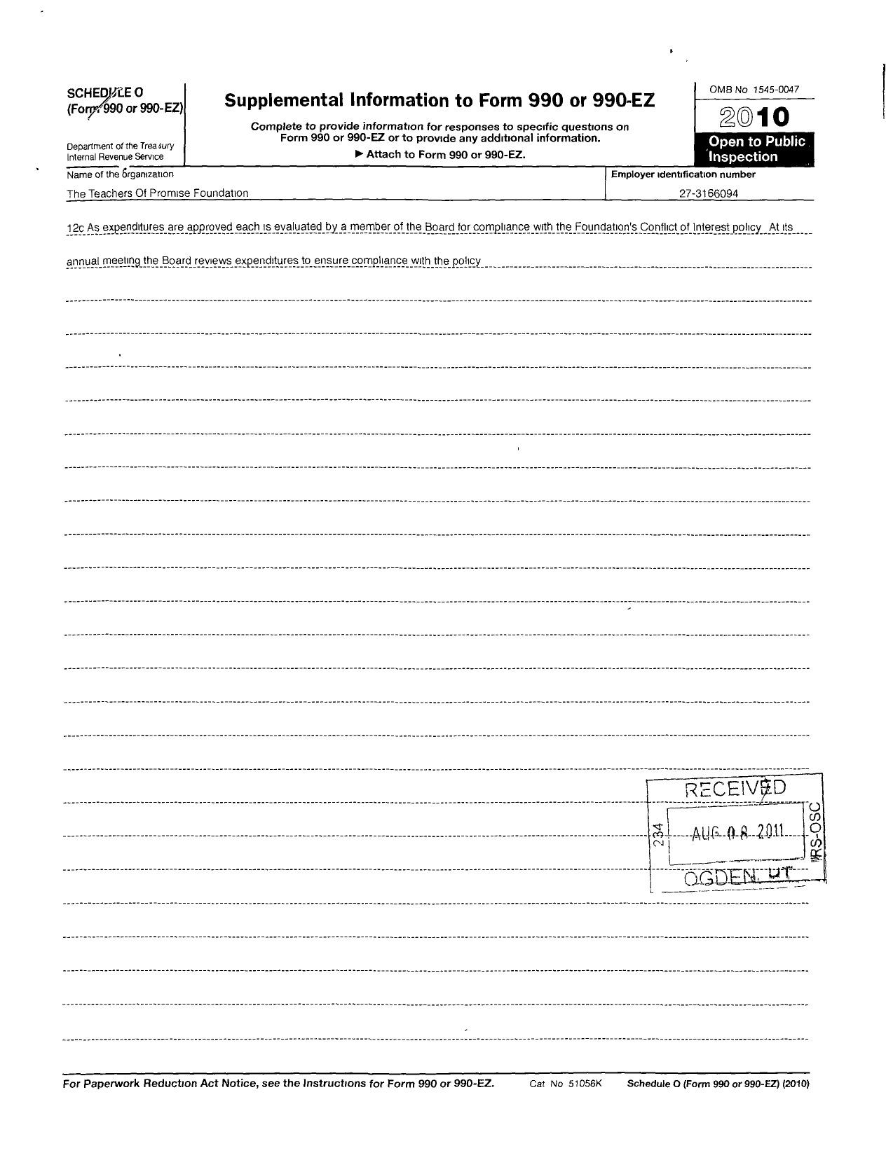 Image of first page of 2010 Form 990R for Teachers of Promise Foundation