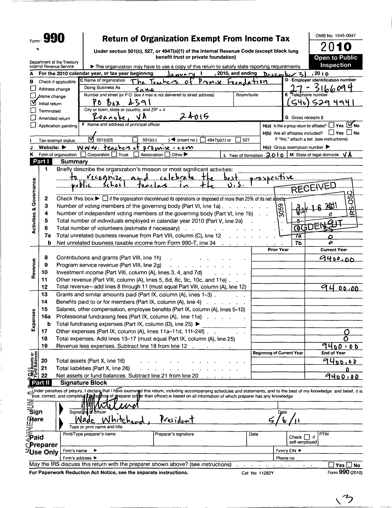 Image of first page of 2010 Form 990 for Teachers of Promise Foundation