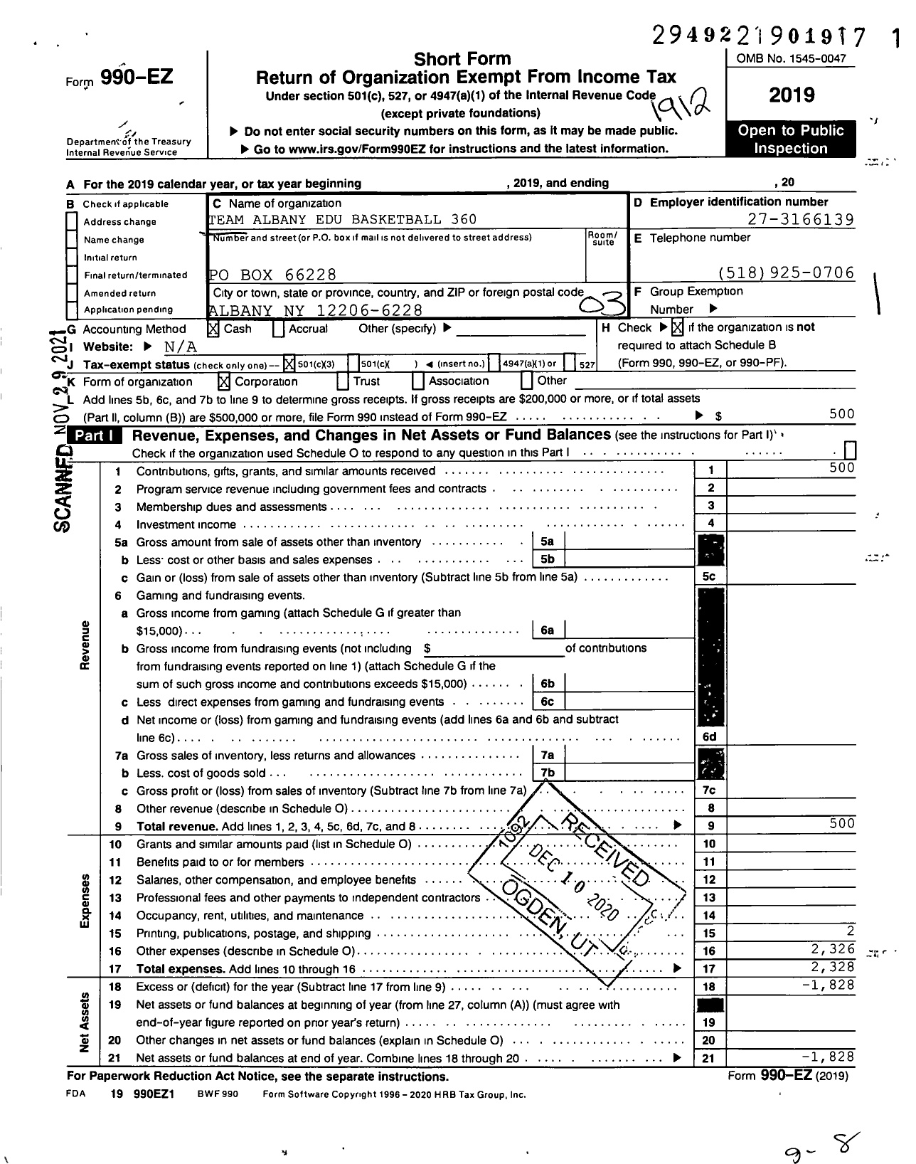 Image of first page of 2019 Form 990EZ for Team Albany EDU Basketball 360