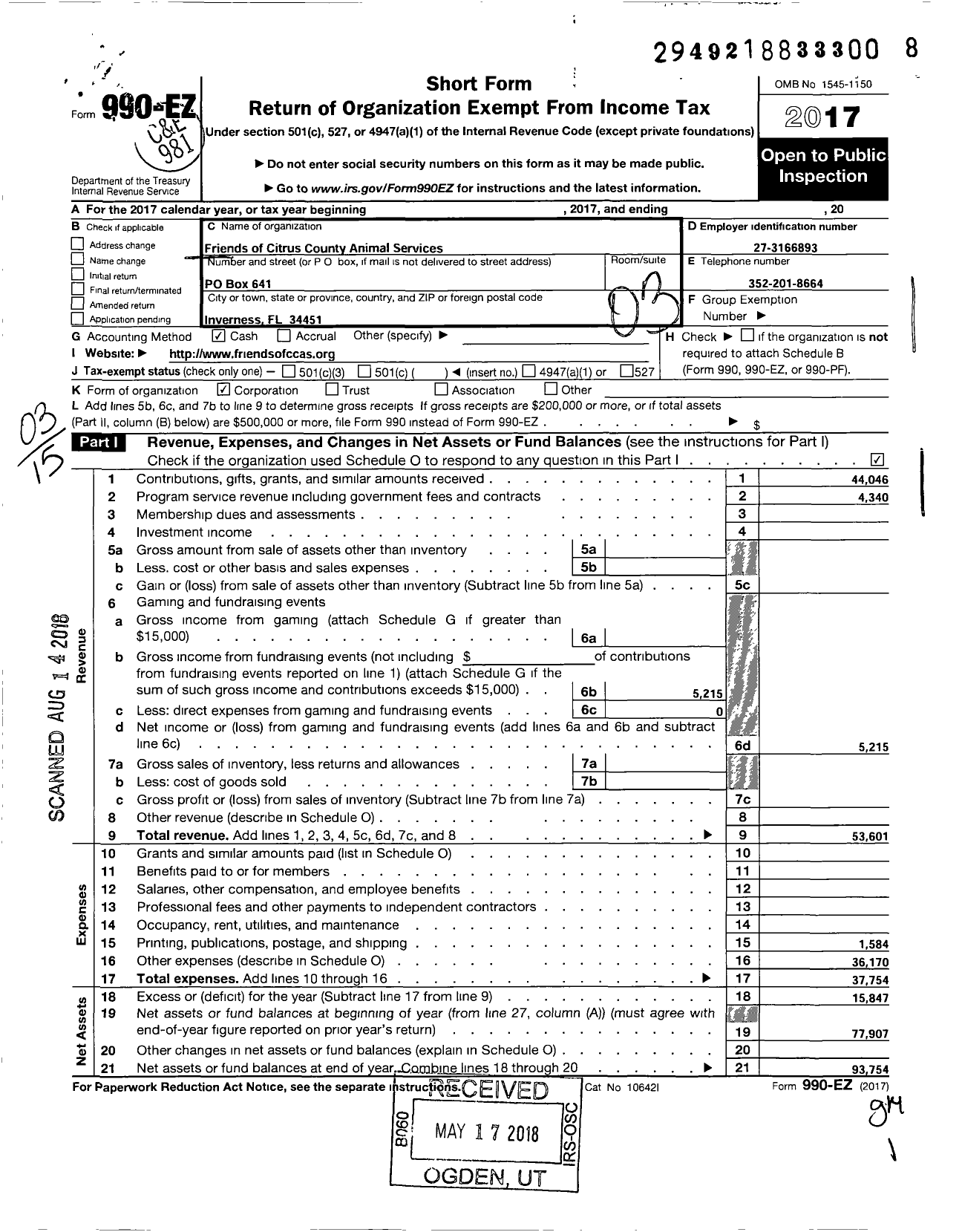 Image of first page of 2017 Form 990EZ for Friends of Citrus County Animal Services