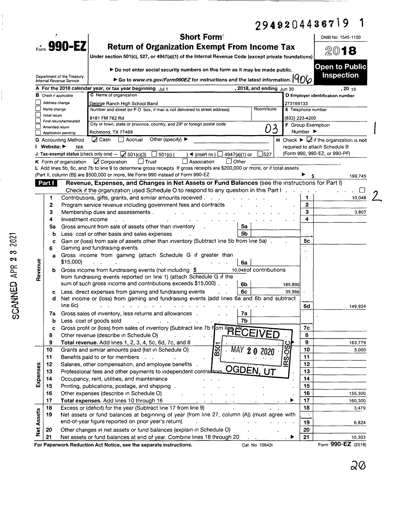 Image of first page of 2018 Form 990EZ for George Ranch High School Band Boosters