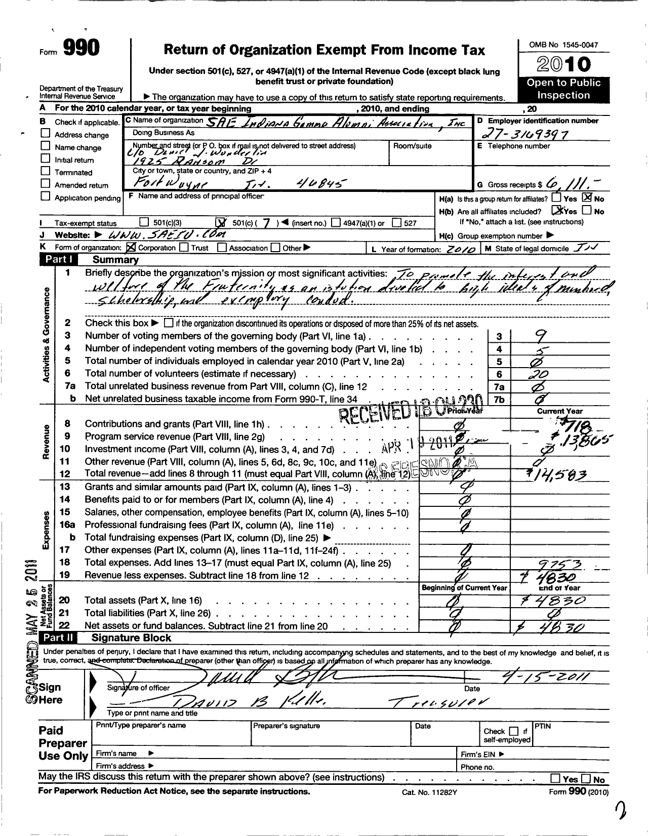 Image of first page of 2010 Form 990O for Sae Indiana Gamma Alumni Association