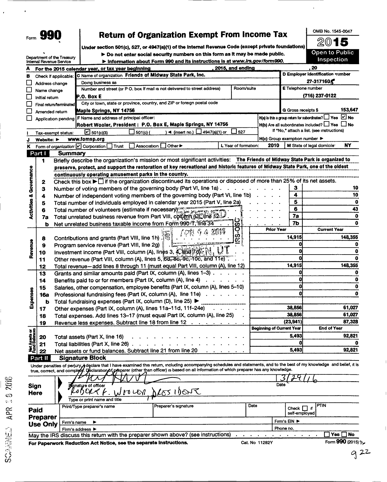 Image of first page of 2015 Form 990 for Friends of Midway State Park