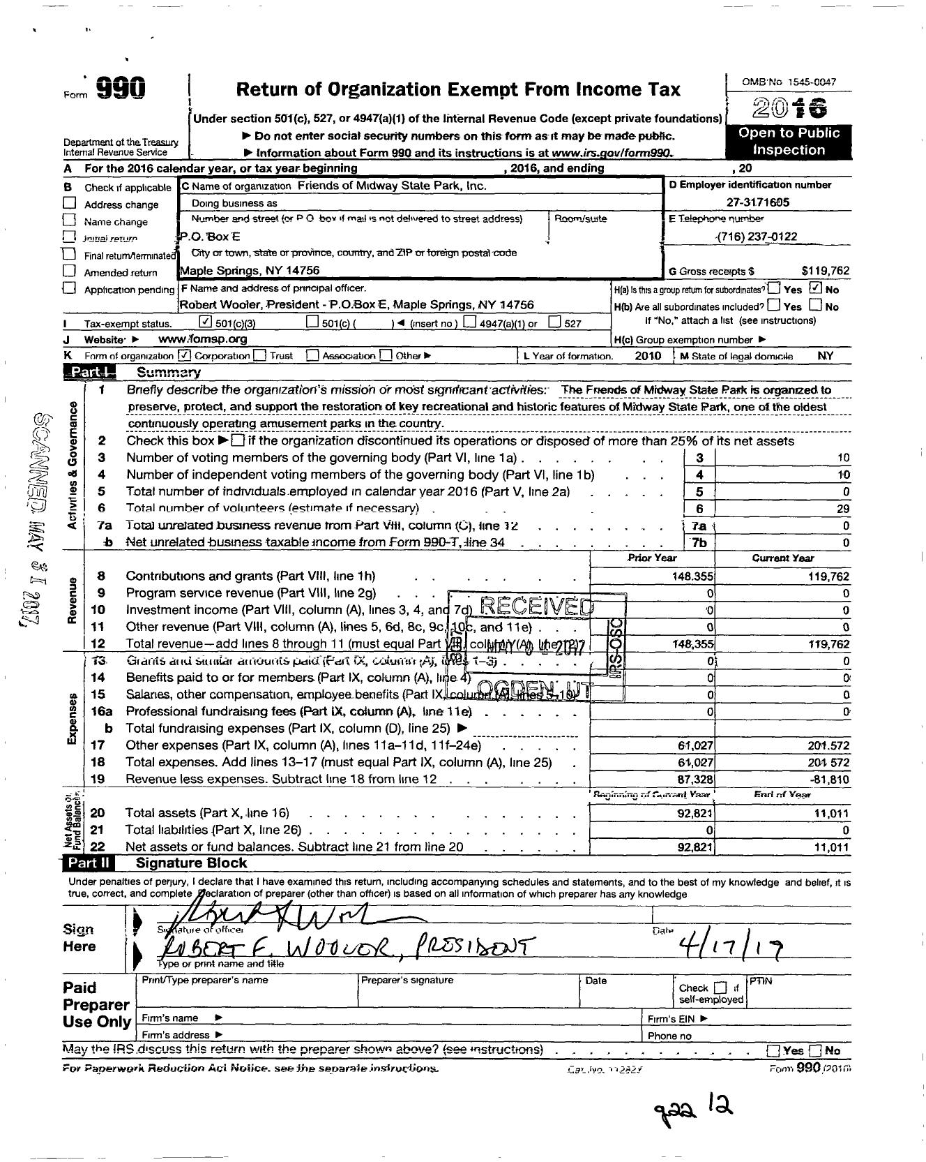 Image of first page of 2016 Form 990 for Friends of Midway State Park