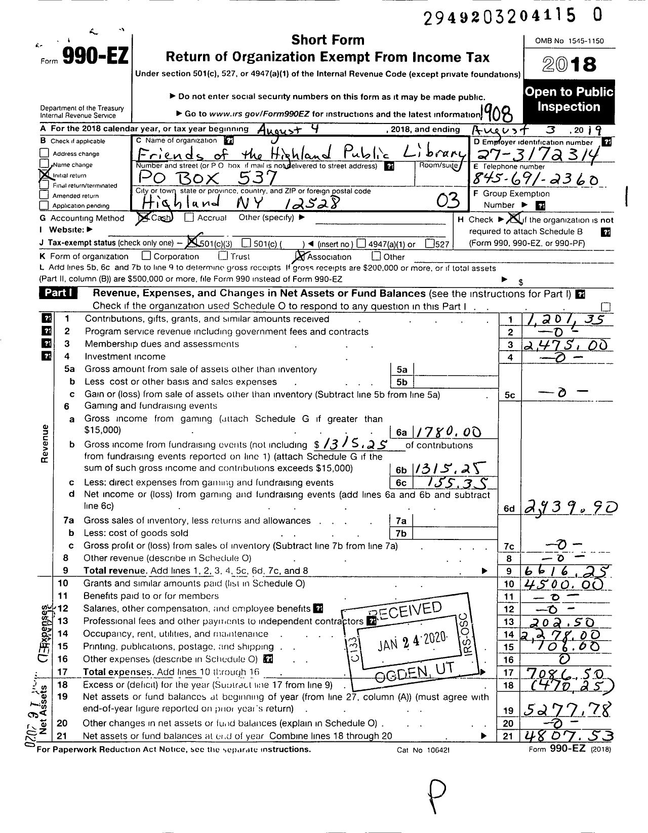 Image of first page of 2018 Form 990EZ for Friends of the Highland Public Library