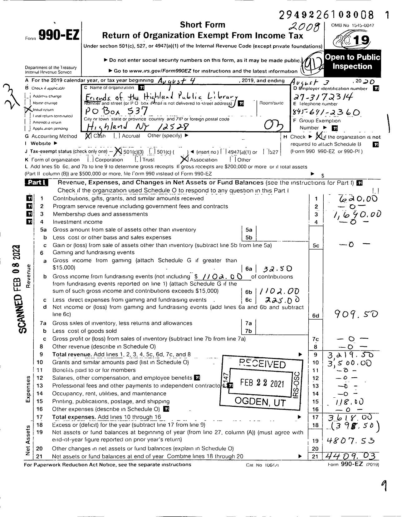 Image of first page of 2019 Form 990EZ for Friends of the Highland Public Library