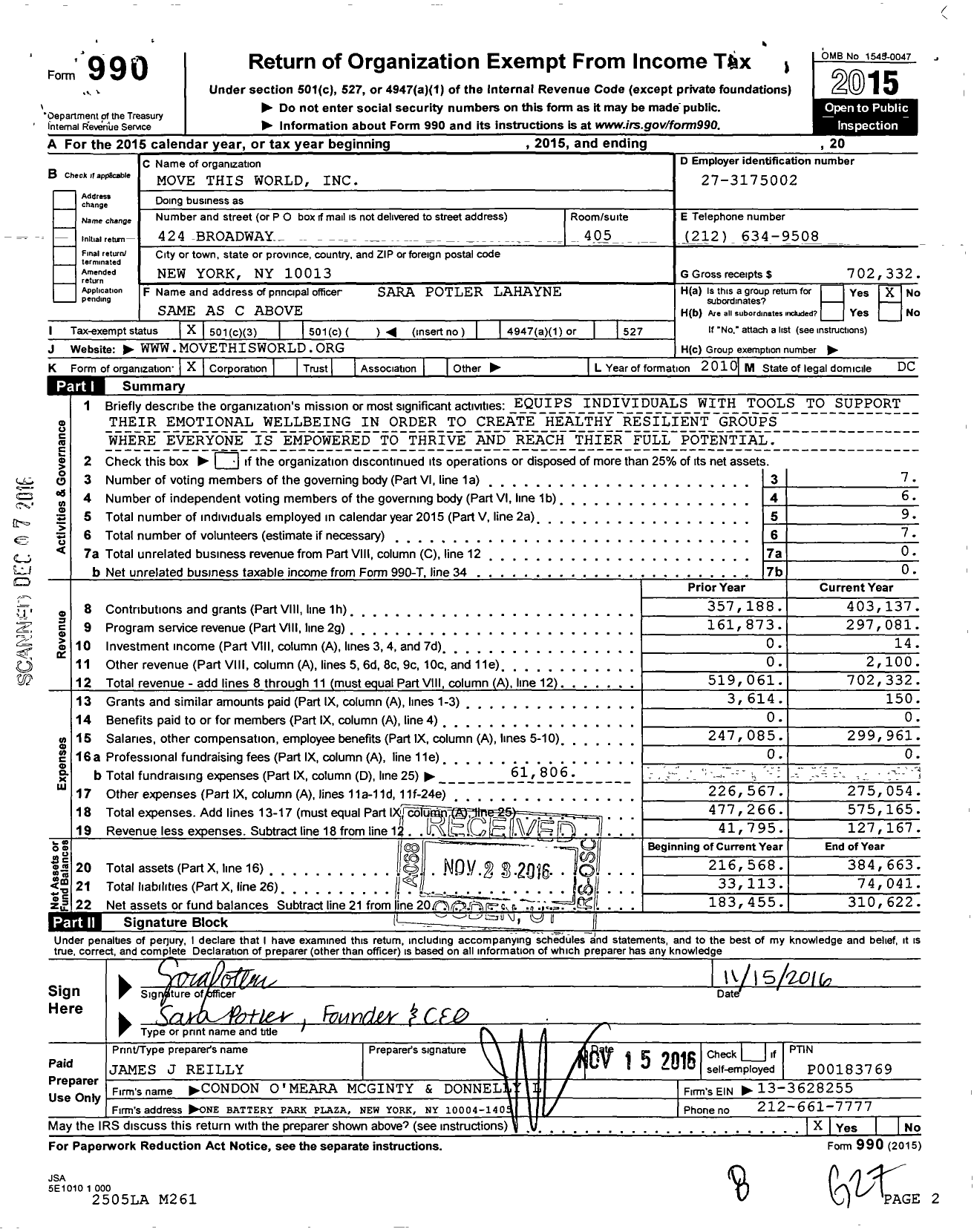 Image of first page of 2015 Form 990 for Move This World