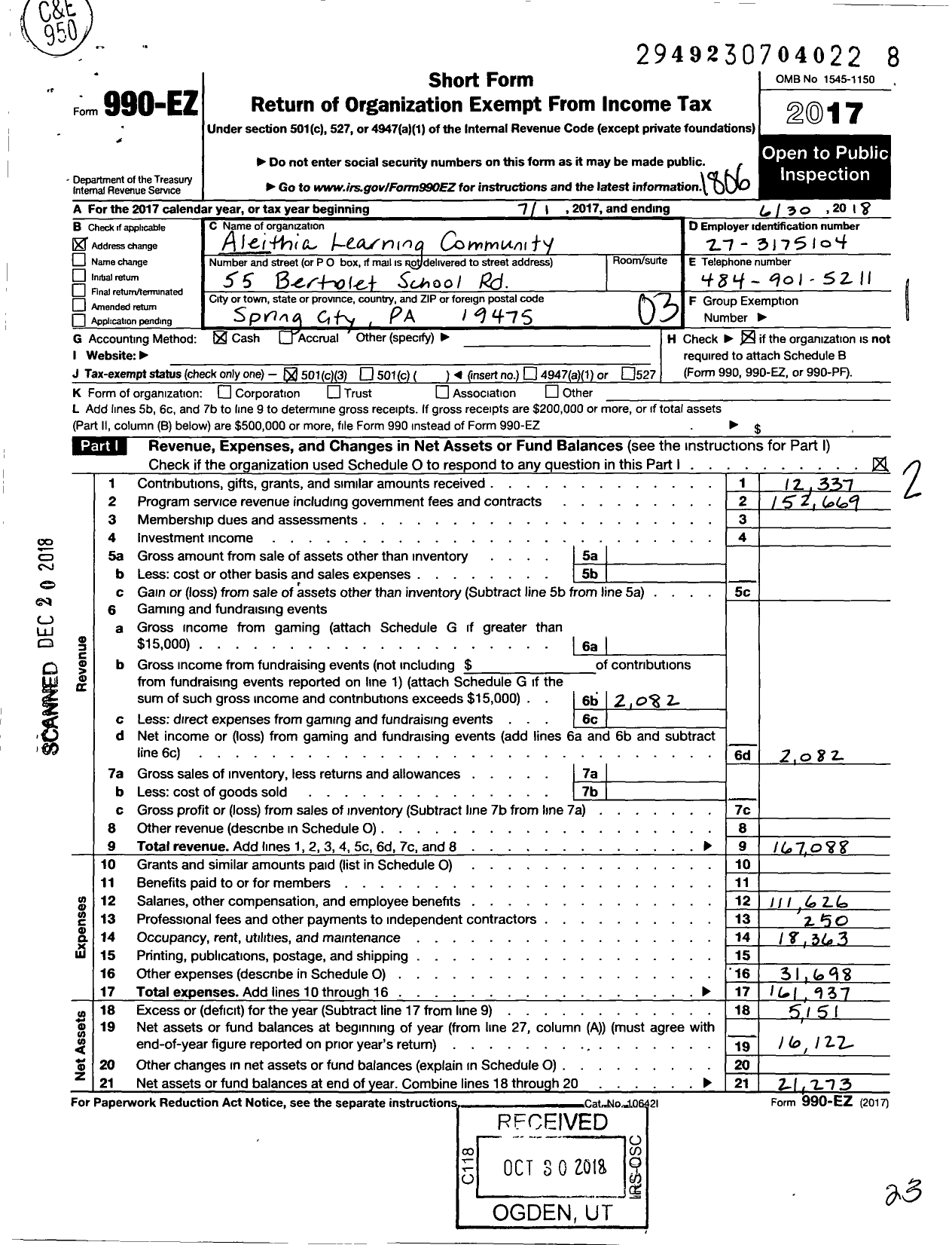 Image of first page of 2017 Form 990EZ for Aleithia Learning Community