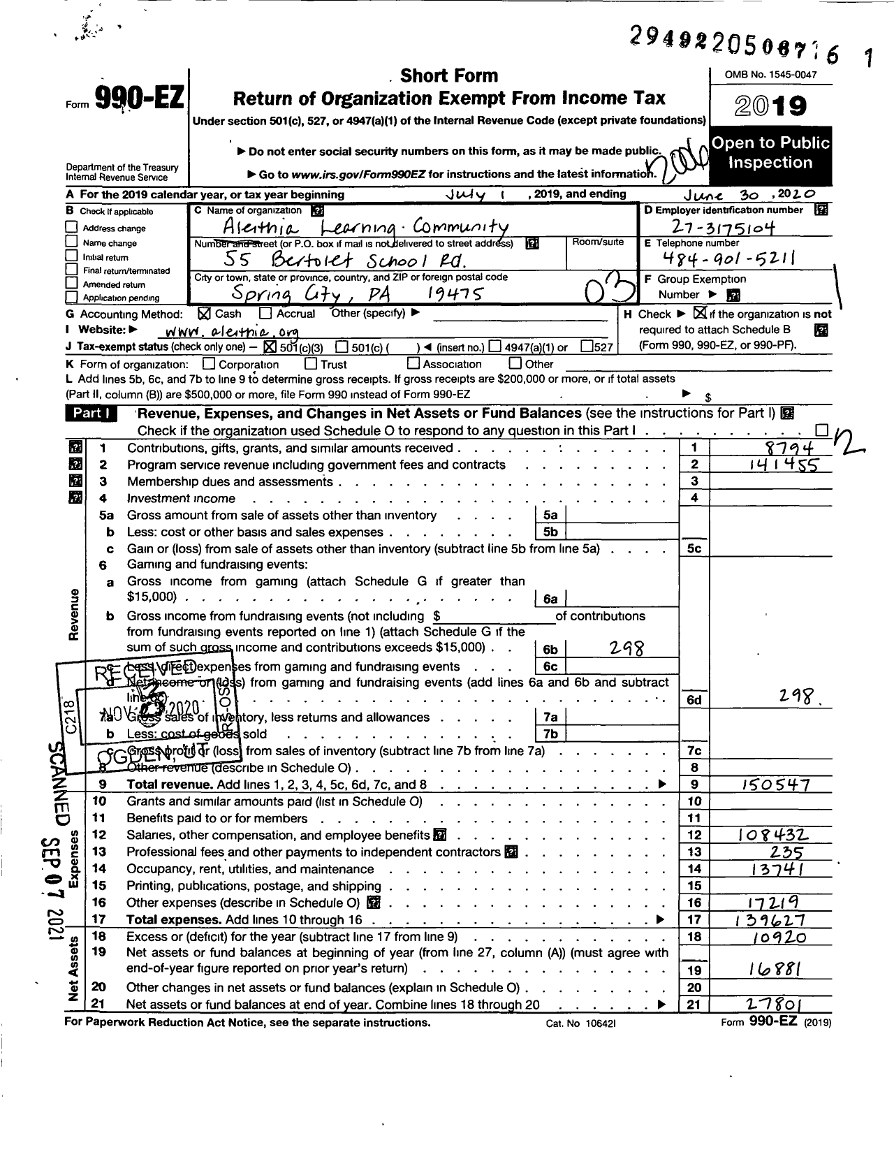 Image of first page of 2019 Form 990EZ for Aleithia Learning Community