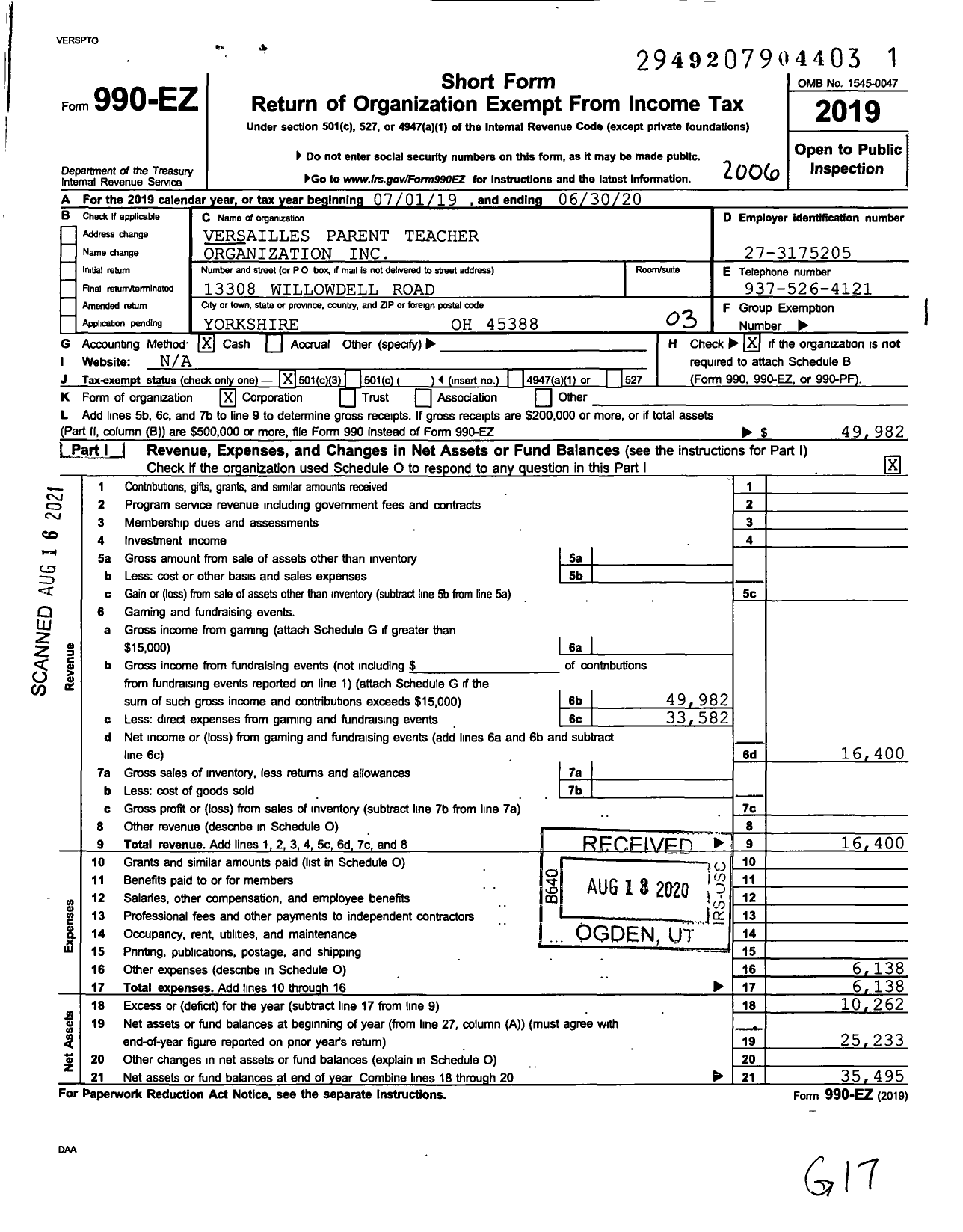 Image of first page of 2019 Form 990EZ for Versailles Parent Teacher Organization