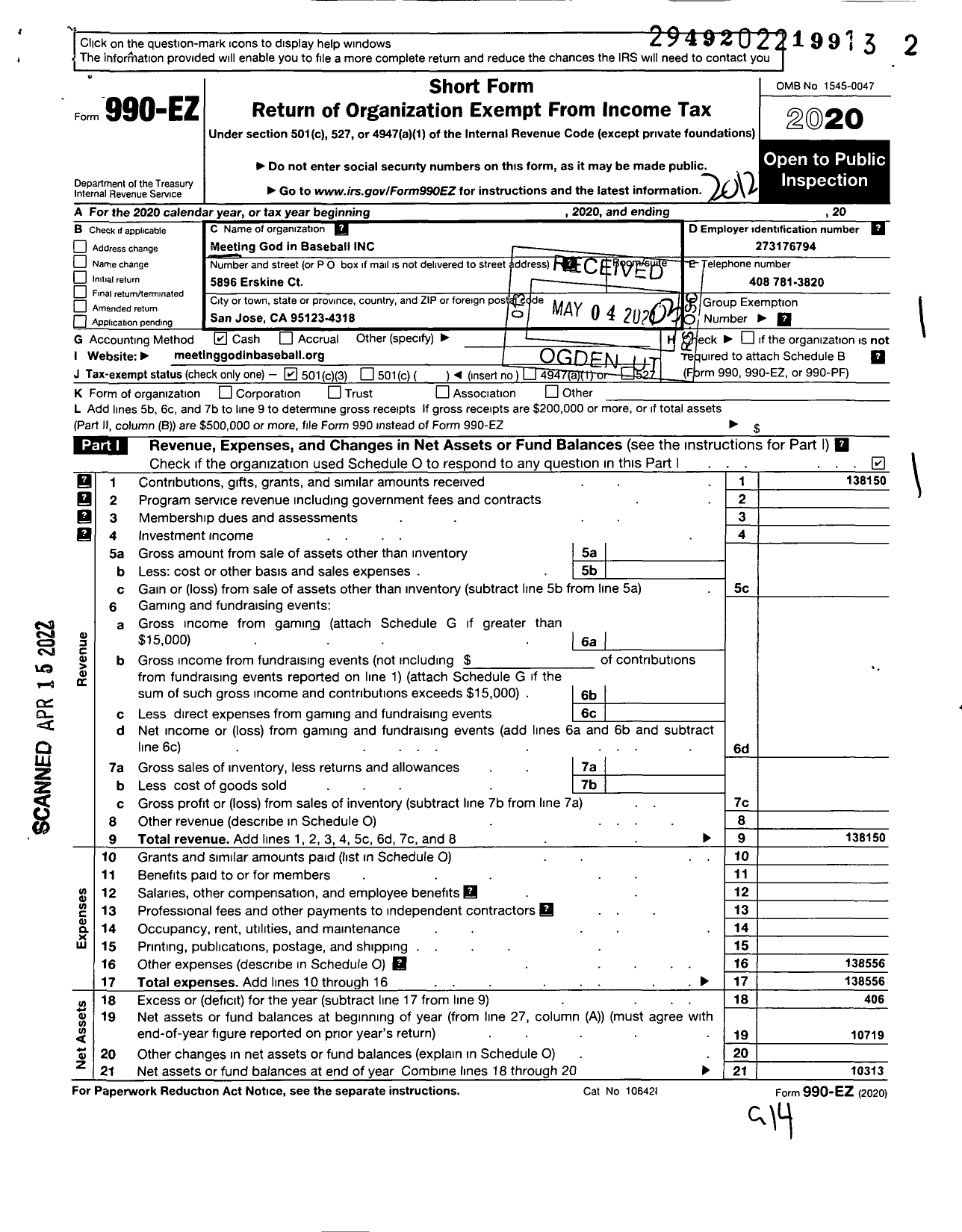 Image of first page of 2020 Form 990EZ for Meeting God in Baseball