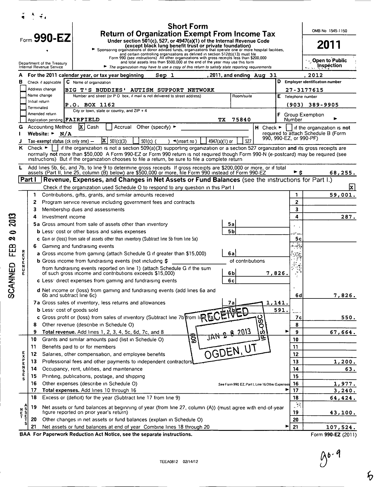 Image of first page of 2011 Form 990EZ for Big TS Buddies Autism Support Network