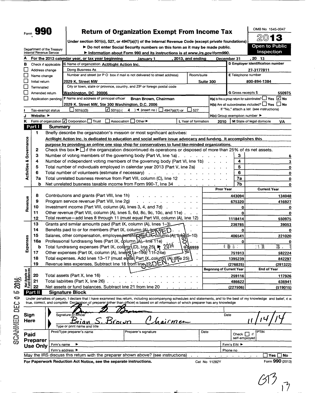 Image of first page of 2013 Form 990O for Actright Action