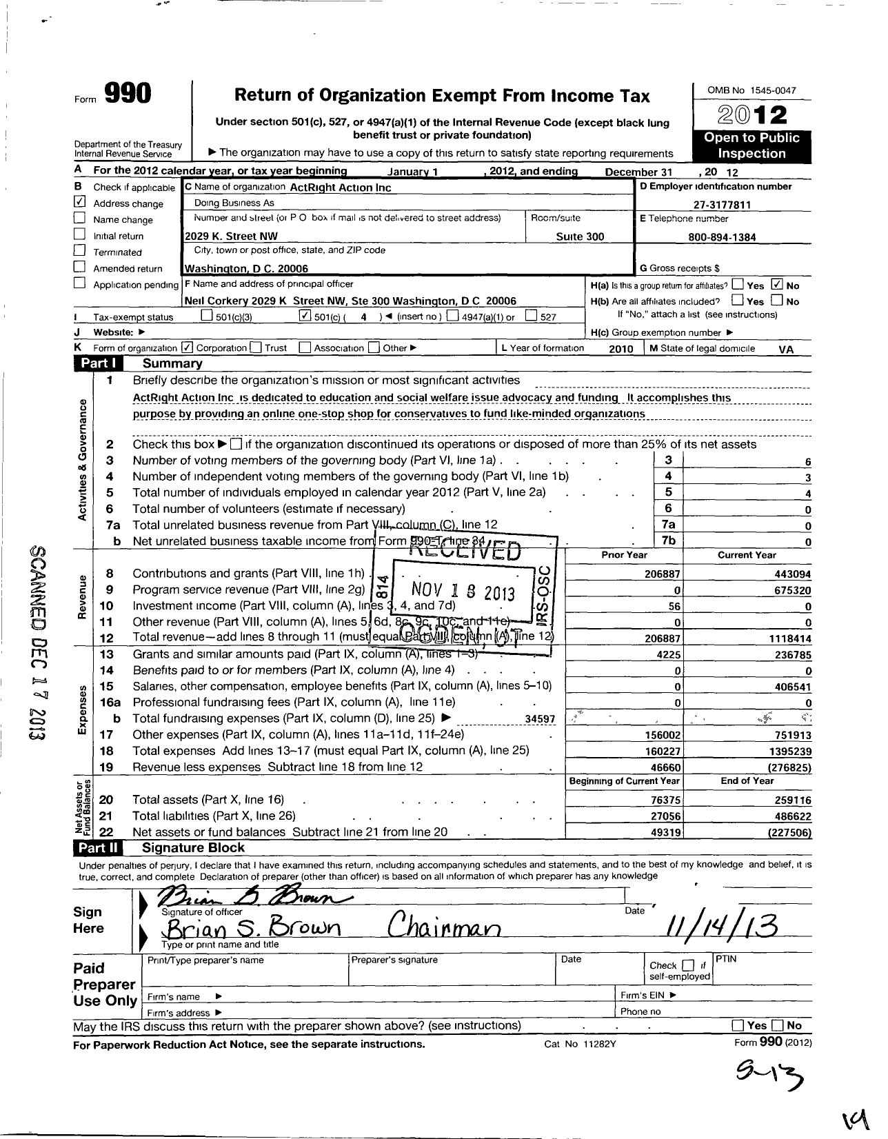 Image of first page of 2012 Form 990O for Actright Action