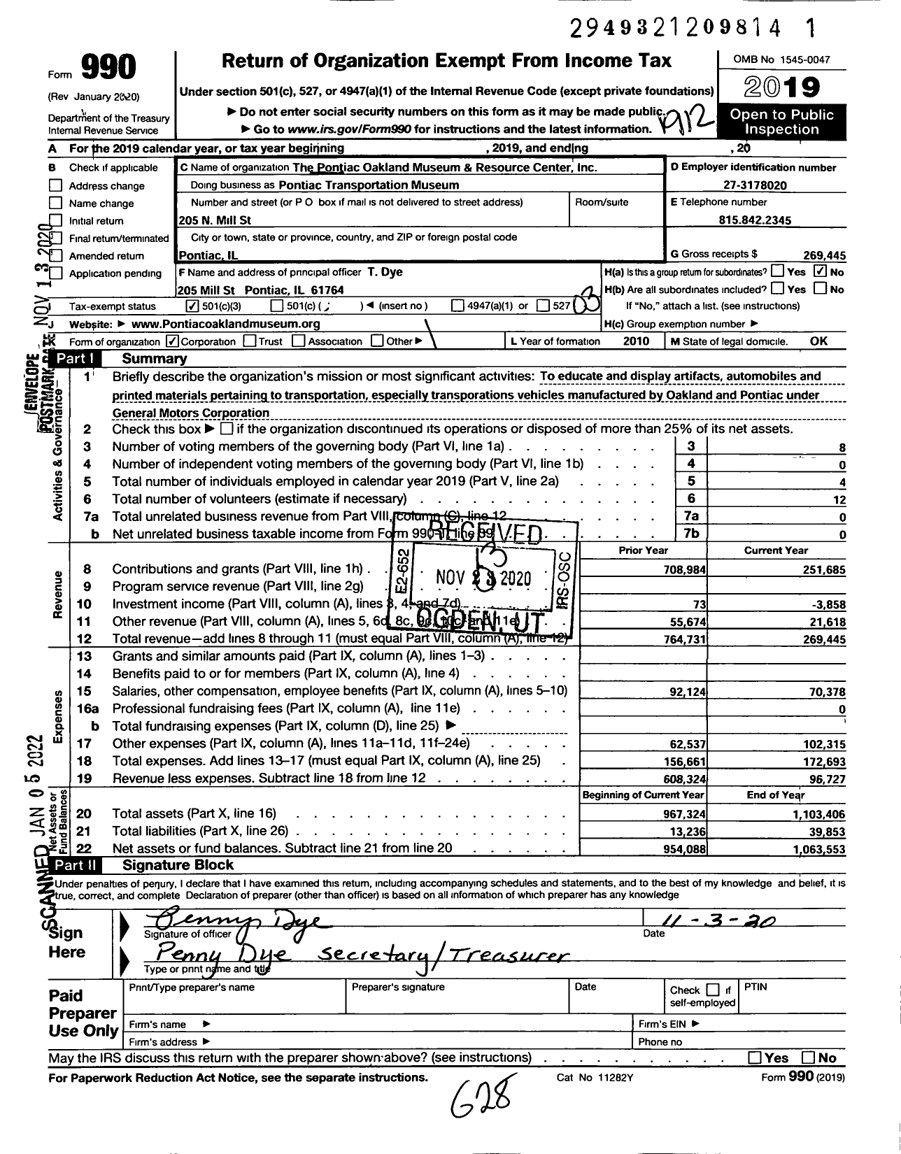 Image of first page of 2019 Form 990 for The Pontiac-Oakland Museum and Resource Center