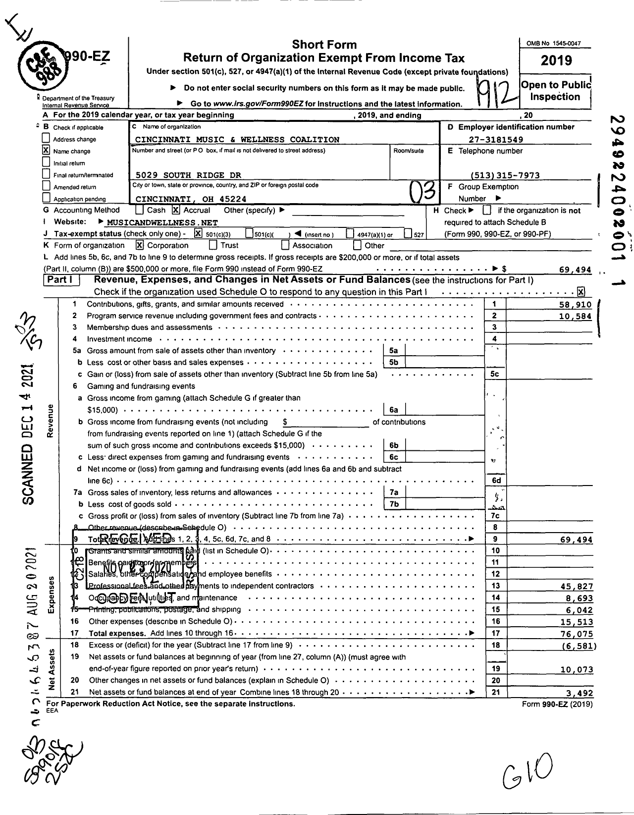 Image of first page of 2019 Form 990EZ for Cincinnati Music and Wellness Coalition