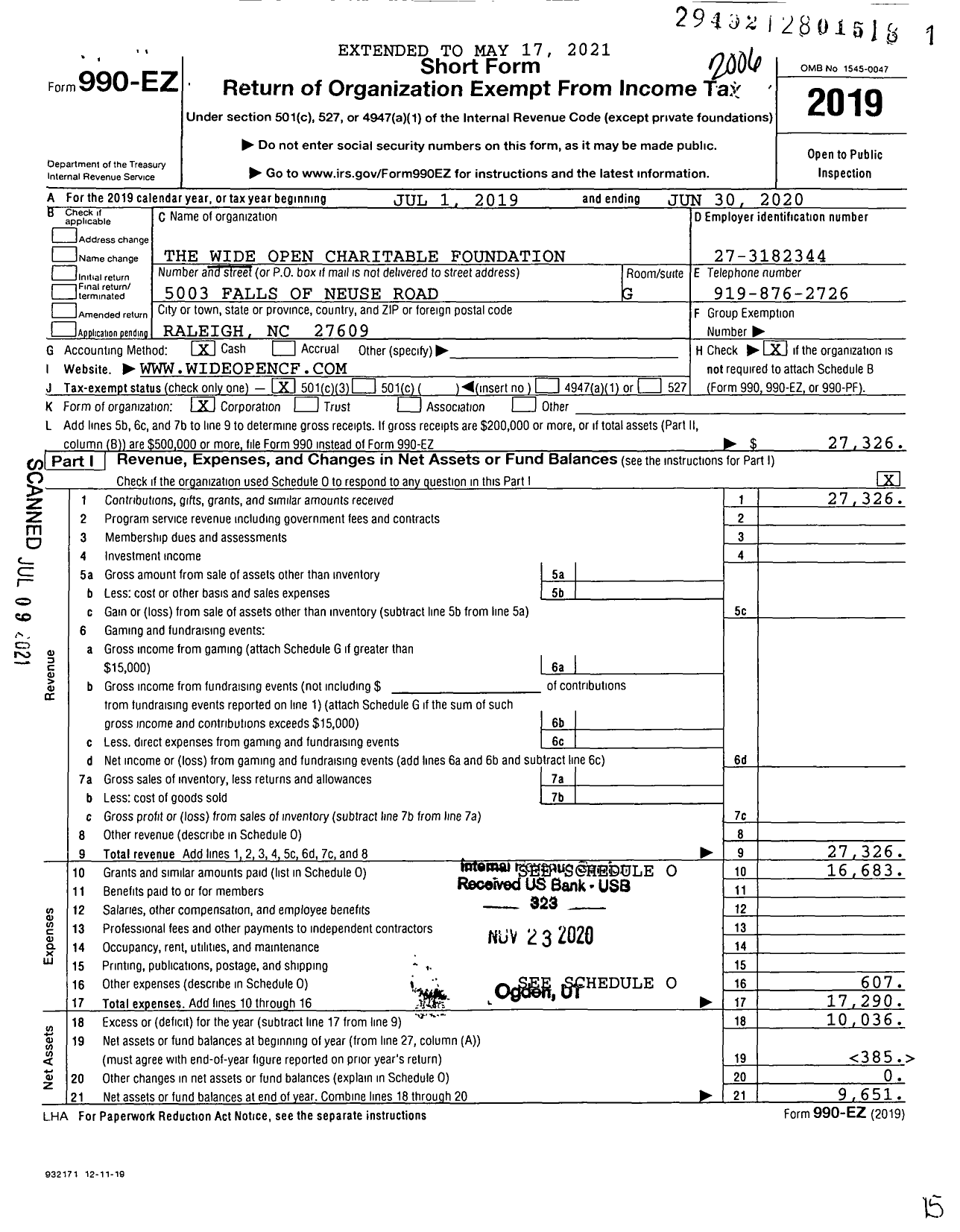 Image of first page of 2019 Form 990EZ for The Wide Open Charitable Foundation