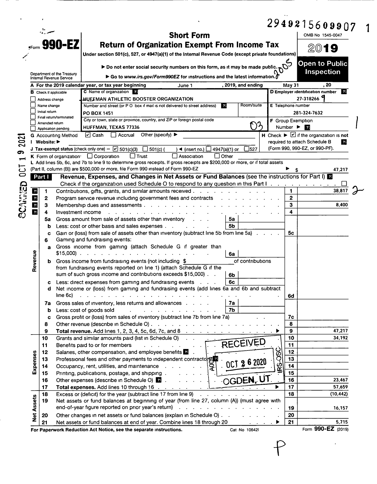 Image of first page of 2019 Form 990EZ for Huffman Athletic Booster Organization