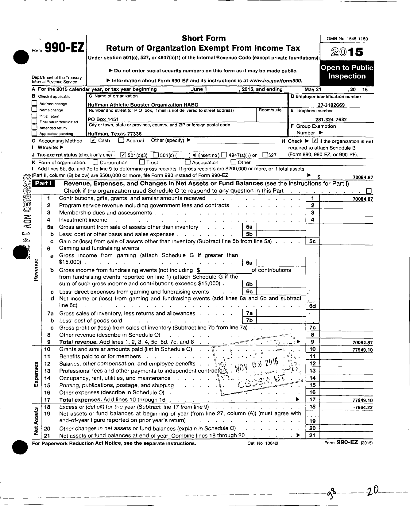 Image of first page of 2015 Form 990EZ for Huffman Athletic Booster Organization