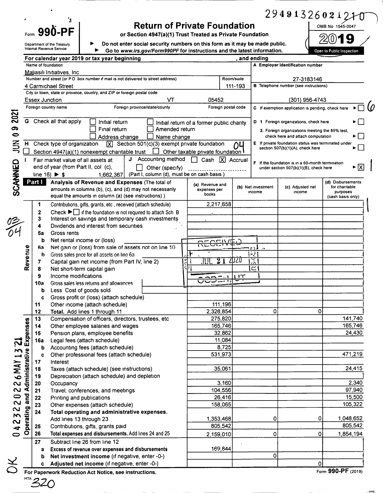 Image of first page of 2019 Form 990PF for Maliasili Initiatives