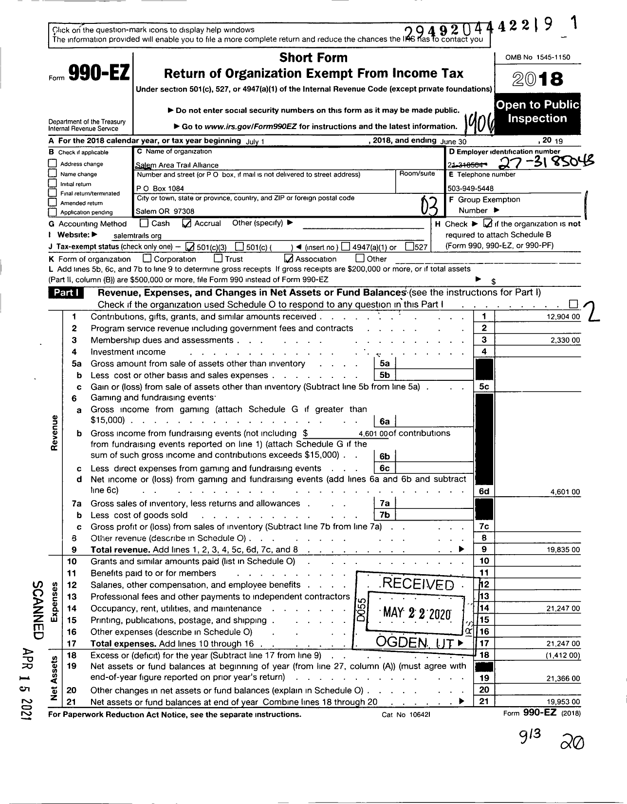 Image of first page of 2018 Form 990EZ for Salem Area Trail Alliance