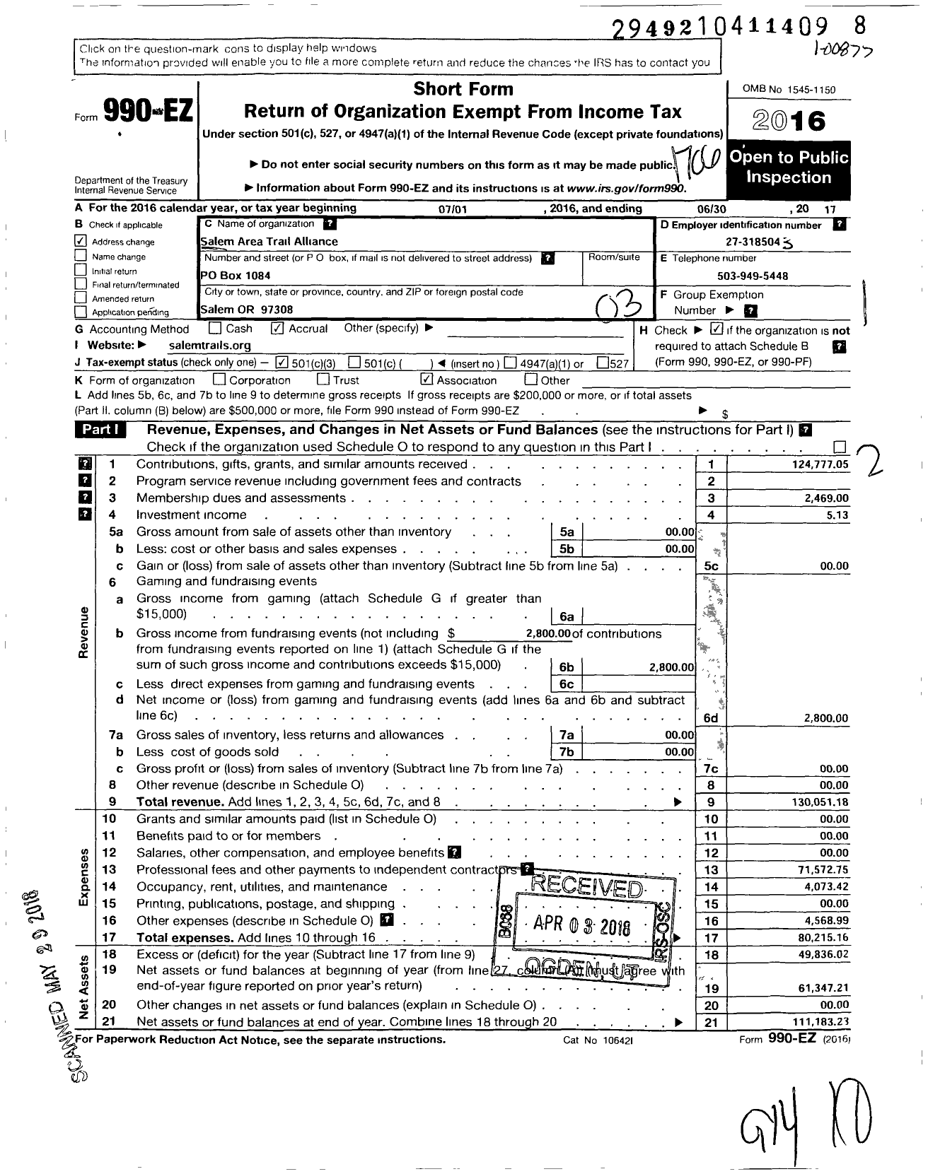 Image of first page of 2016 Form 990EZ for Salem Area Trail Alliance