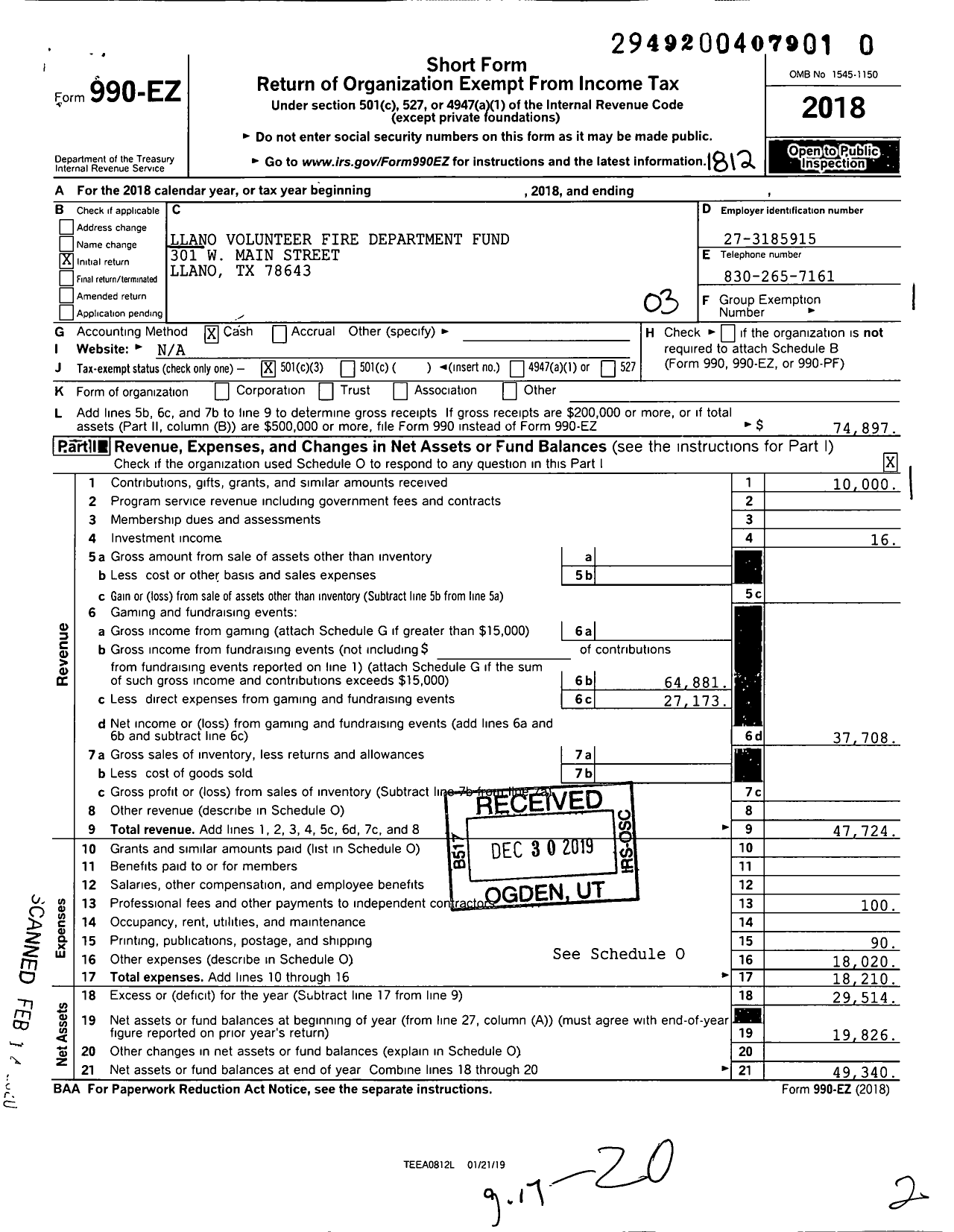 Image of first page of 2018 Form 990EZ for Llano Volunteer Fire Department Fund