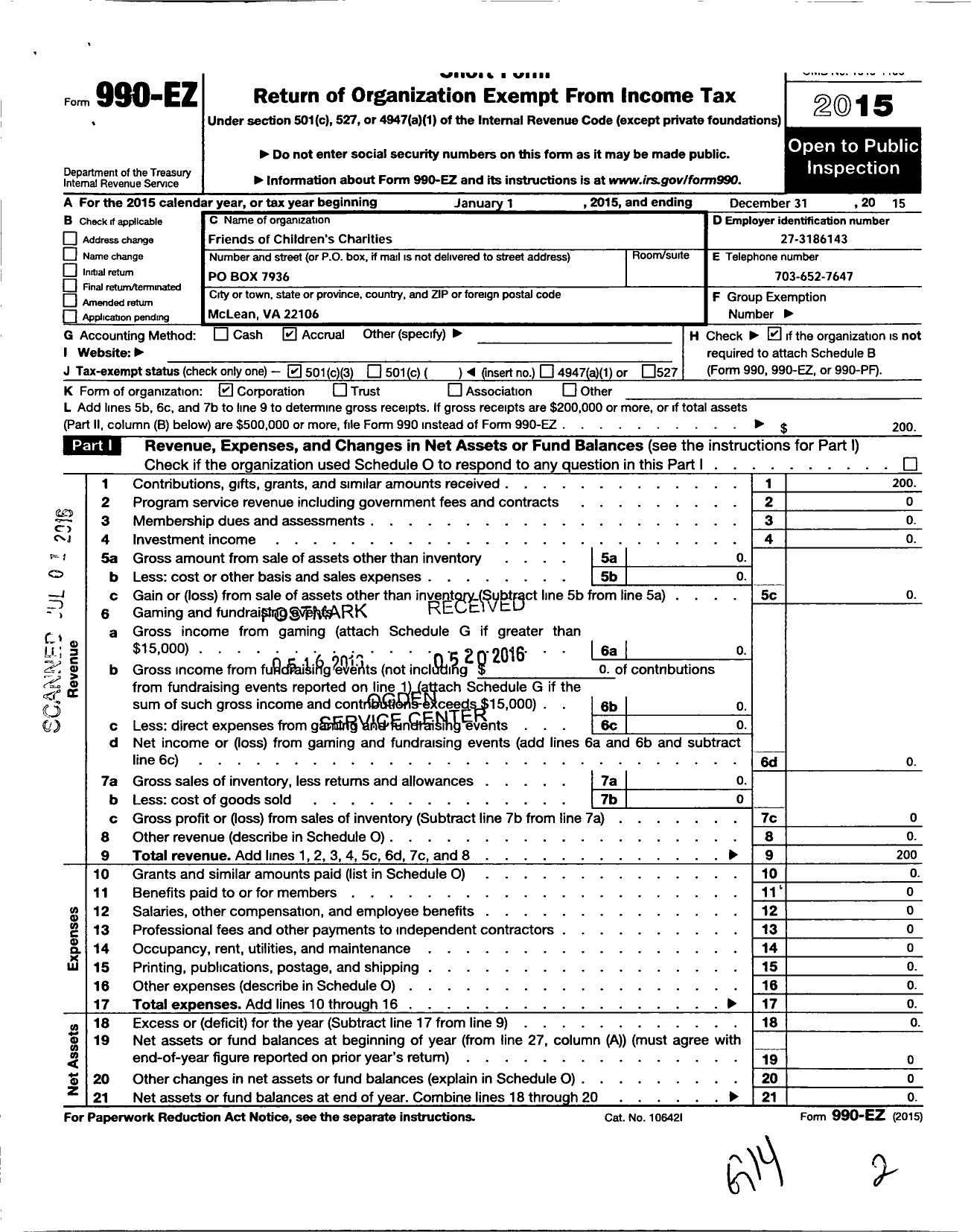 Image of first page of 2015 Form 990EZ for Friends of Childrens Charities