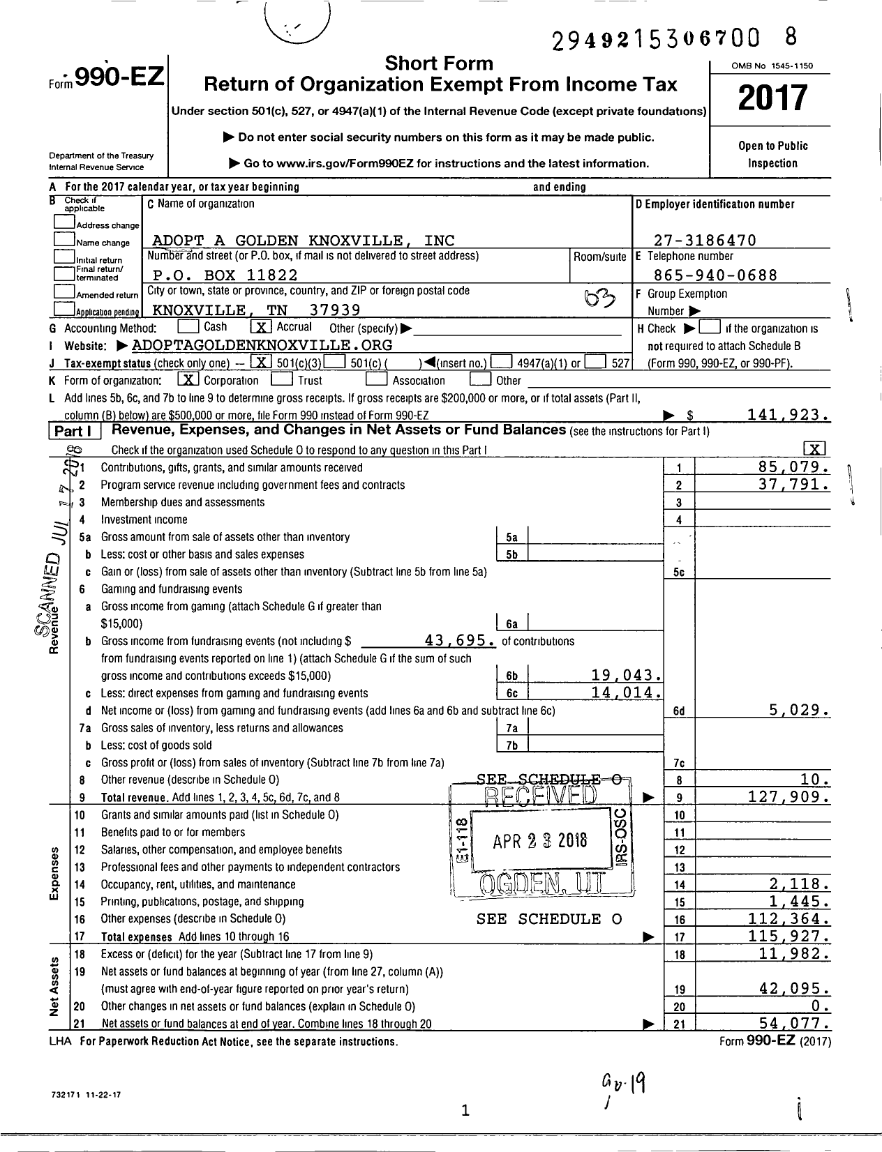 Image of first page of 2017 Form 990EZ for Adopt a Golden Knoxville