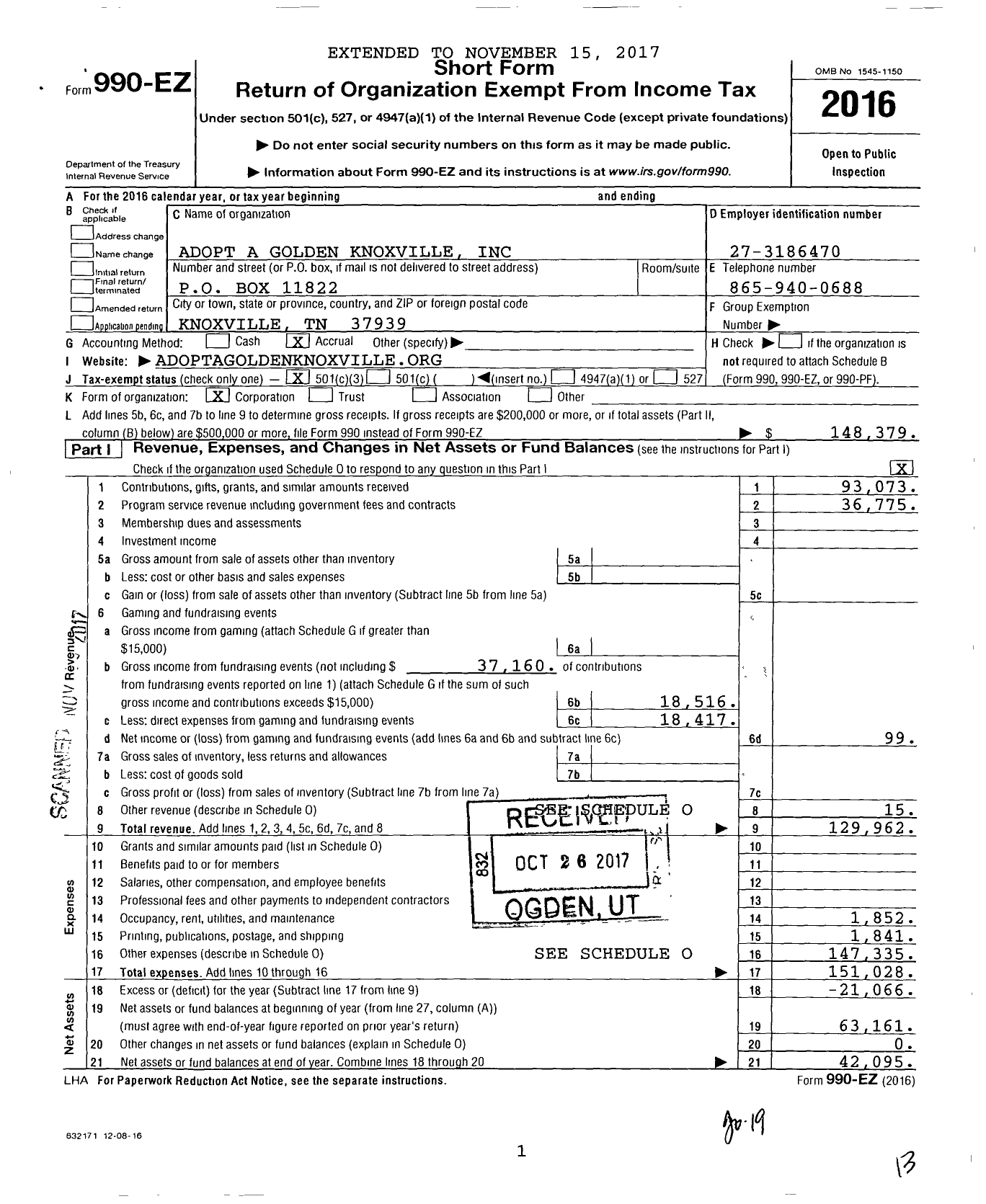 Image of first page of 2016 Form 990EZ for Adopt a Golden Knoxville