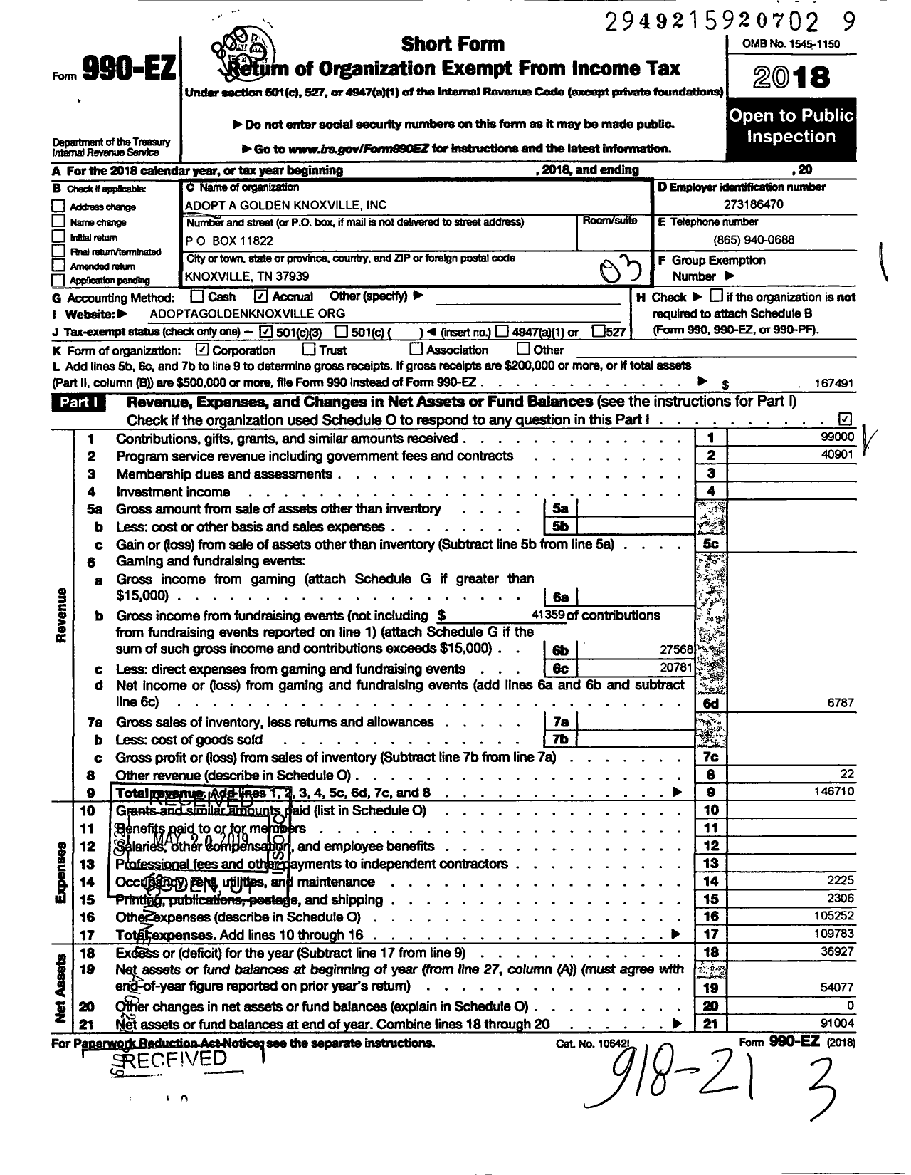 Image of first page of 2018 Form 990EZ for Adopt a Golden Knoxville