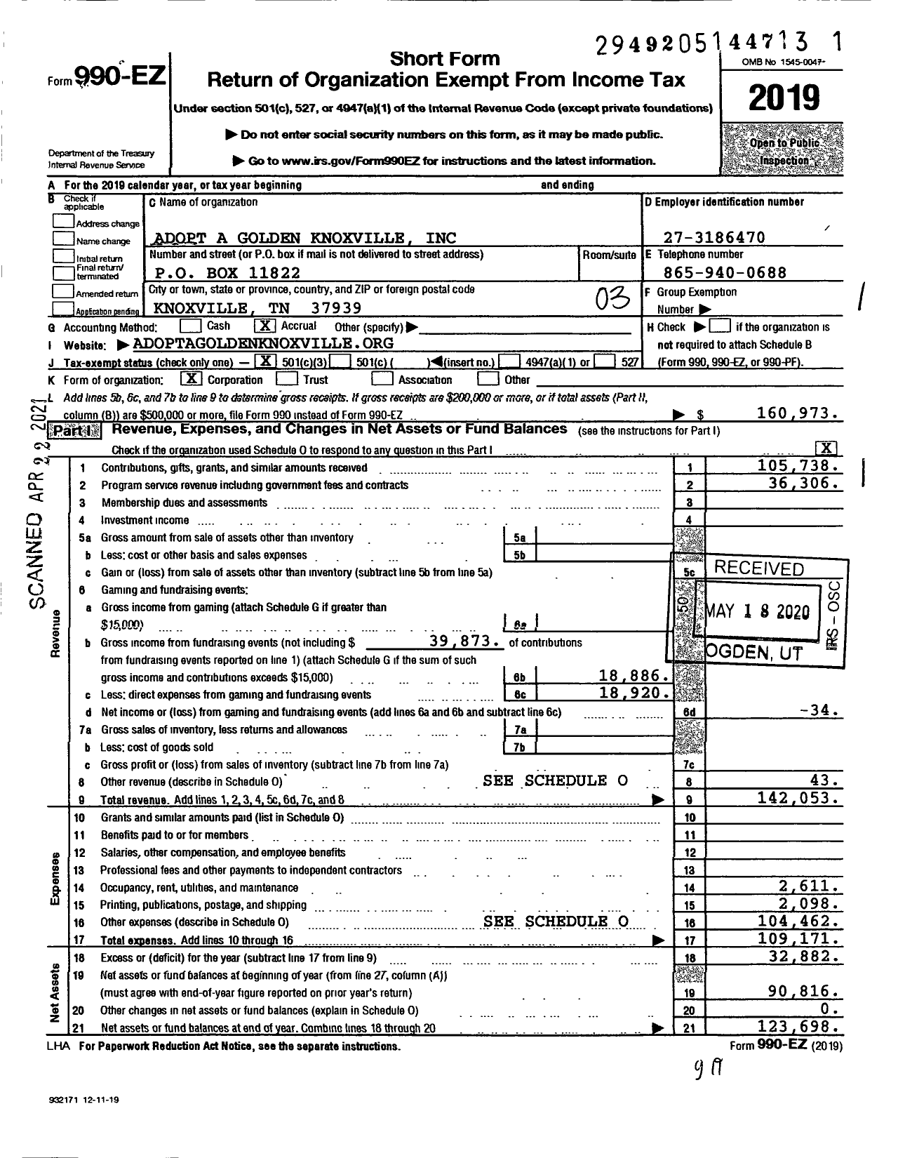 Image of first page of 2019 Form 990EZ for Adopt a Golden Knoxville