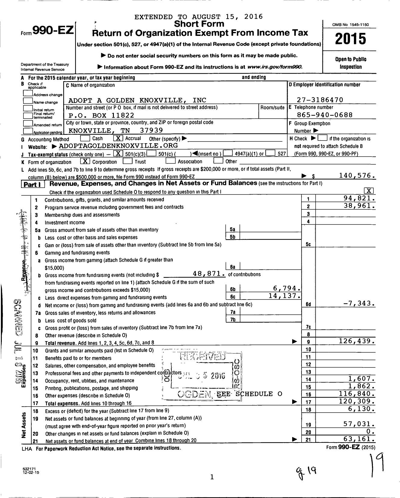 Image of first page of 2015 Form 990EZ for Adopt a Golden Knoxville