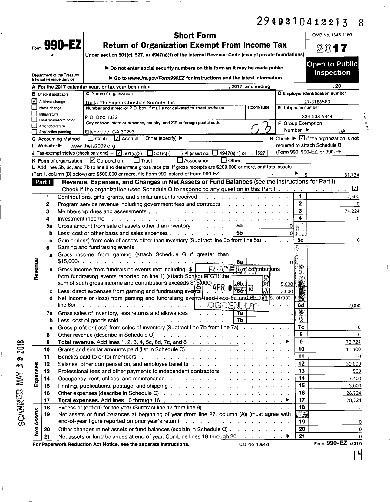 Image of first page of 2017 Form 990EZ for Theta Phi Sigma Christian Sorority Incorporated