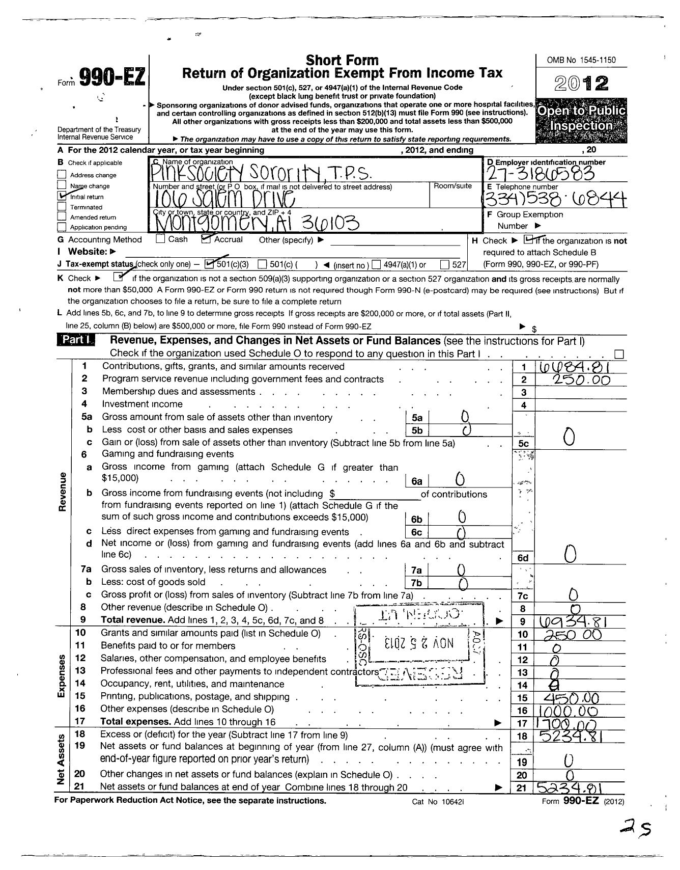 Image of first page of 2012 Form 990EZ for Theta Phi Sigma Christian Sorority Incorporated