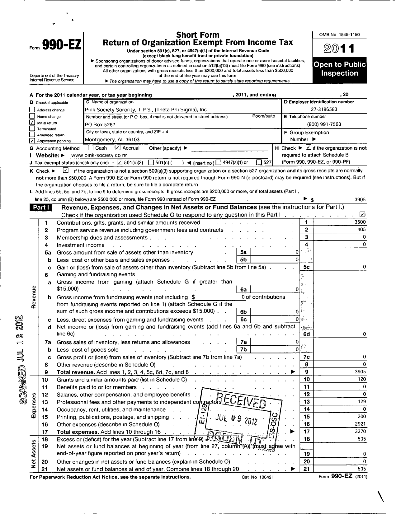 Image of first page of 2011 Form 990EZ for Theta Phi Sigma Christian Sorority Incorporated