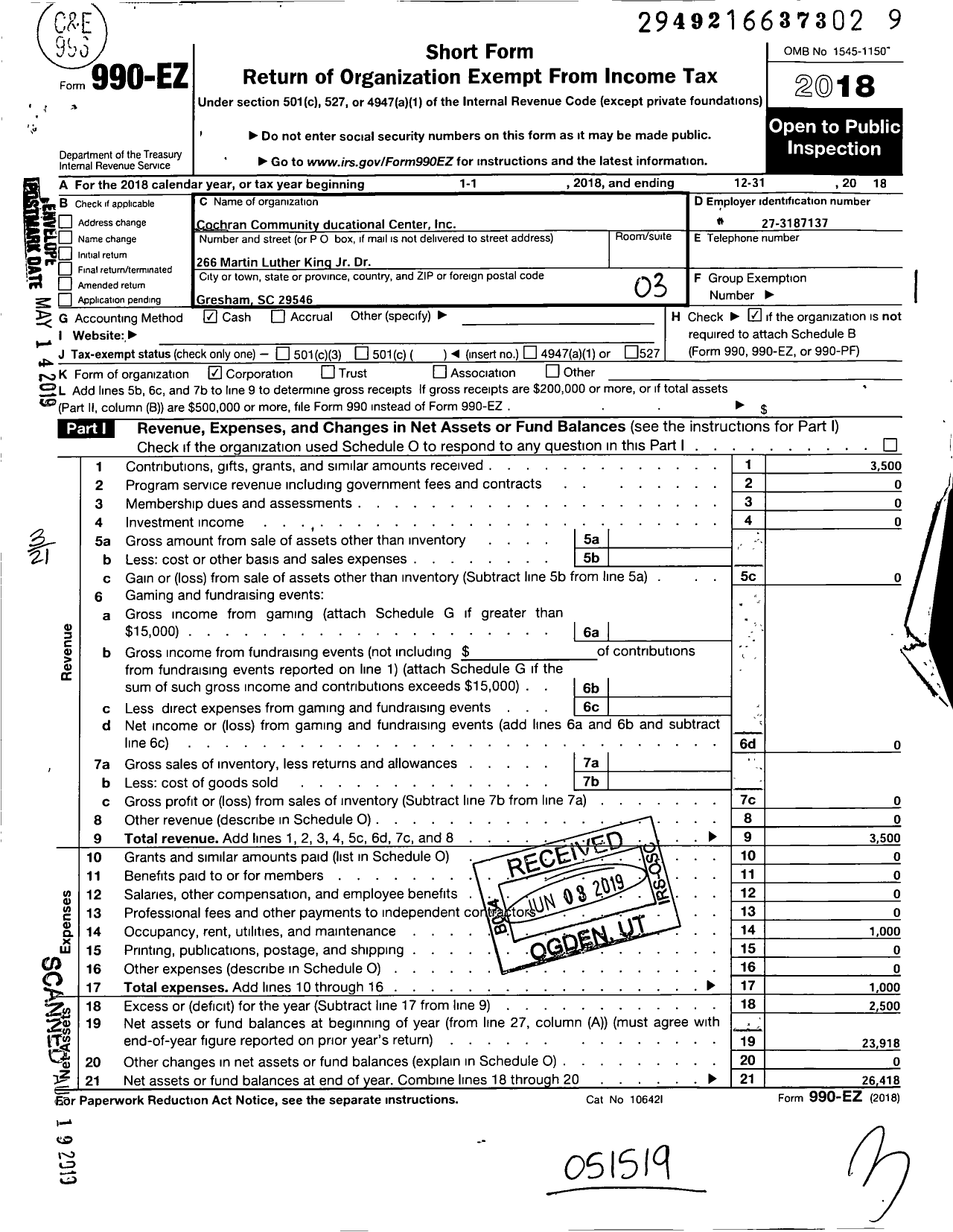 Image of first page of 2018 Form 990EZ for Cochran Community Educational Center