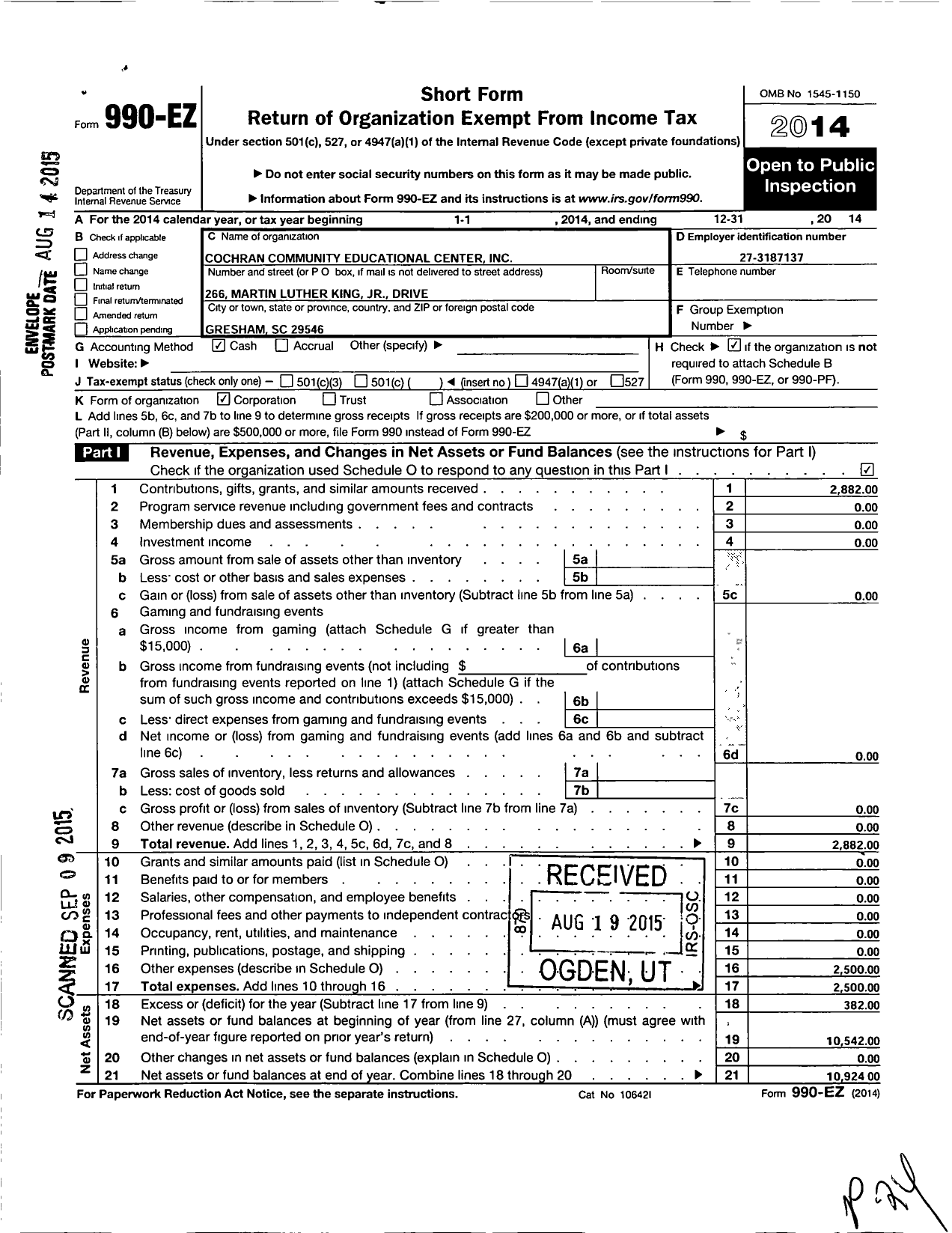 Image of first page of 2014 Form 990EO for Cochran Community Educational Center