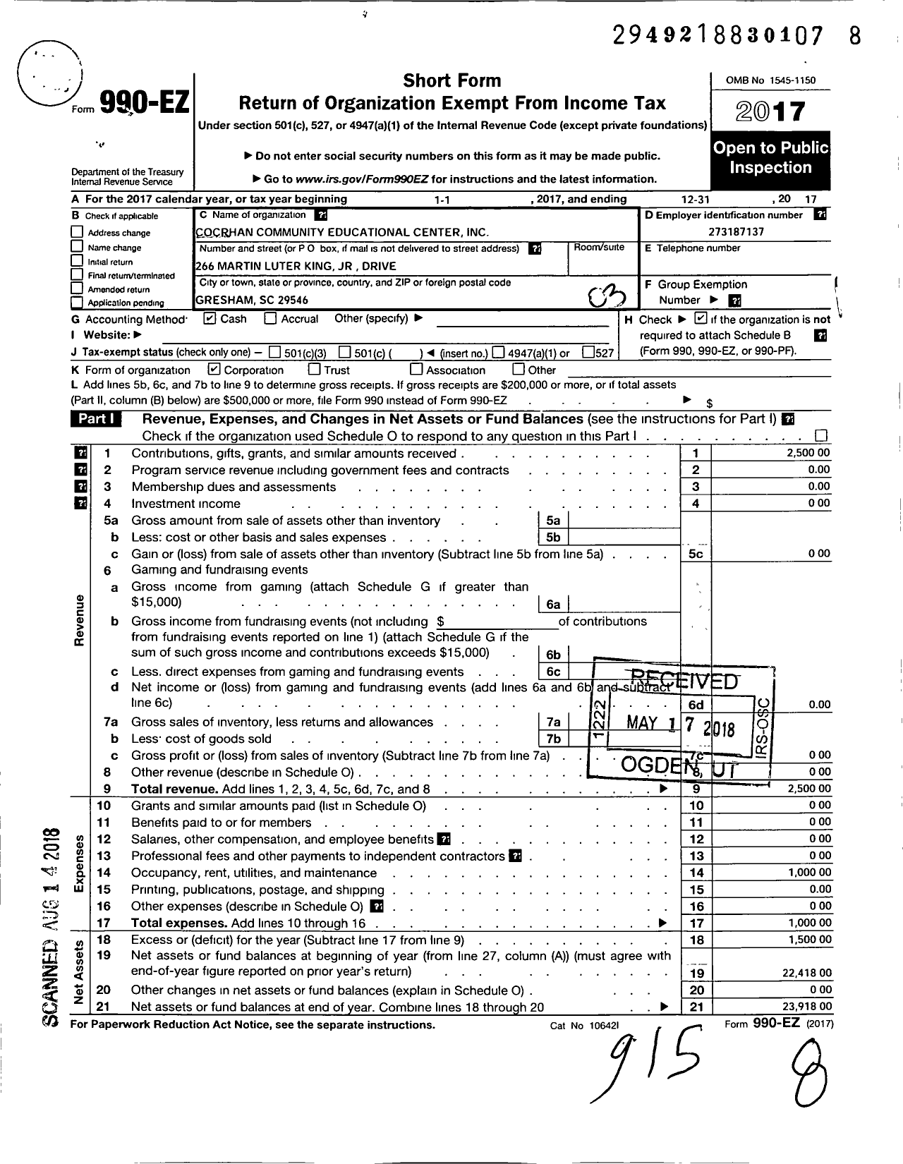 Image of first page of 2017 Form 990EZ for Cochran Community Educational Center