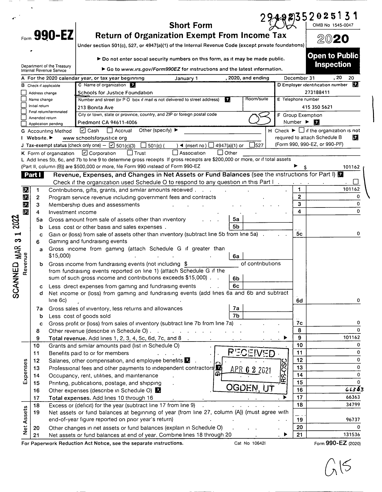 Image of first page of 2020 Form 990EZ for Schools For Justice Foundation