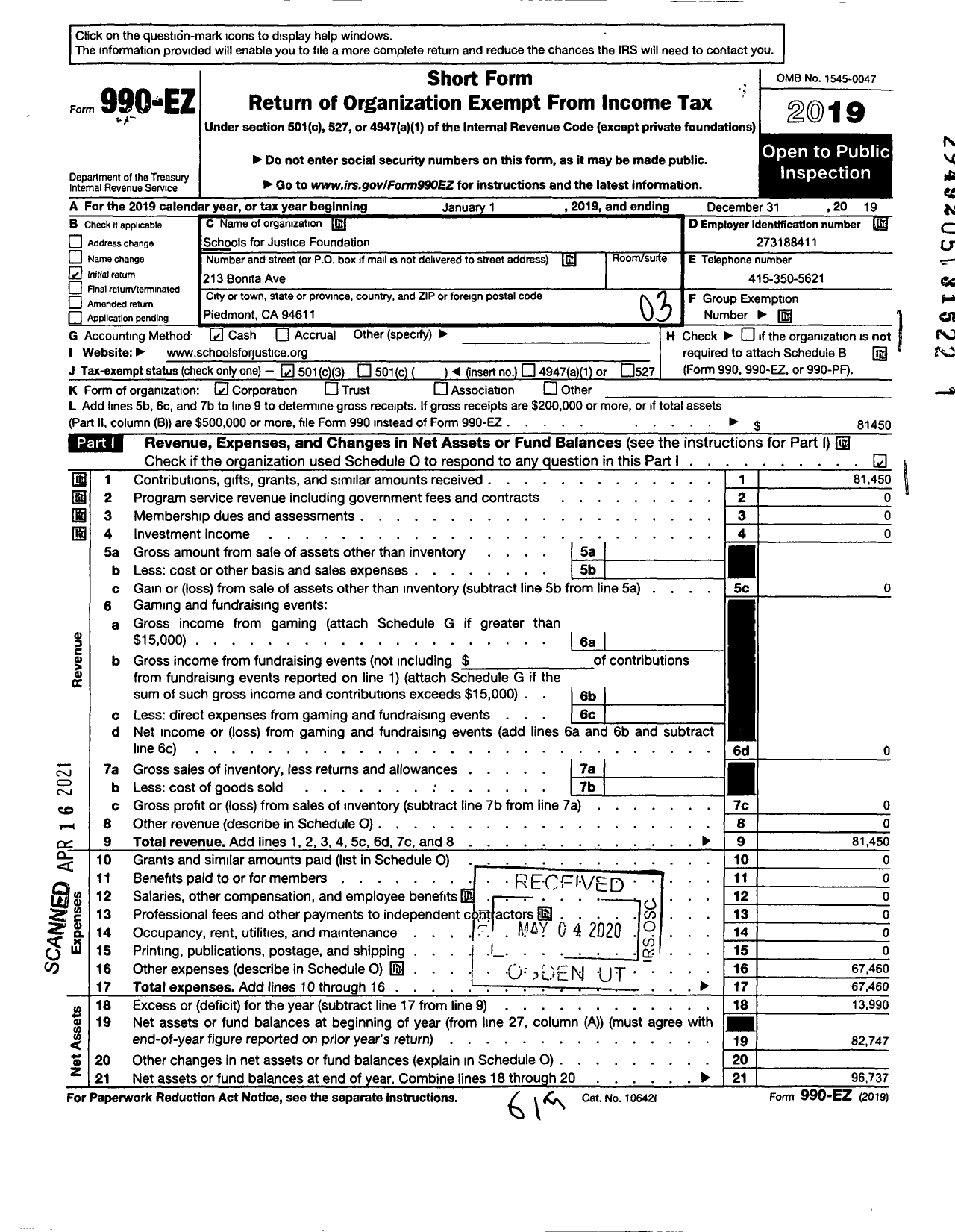 Image of first page of 2019 Form 990EZ for Schools For Justice Foundation