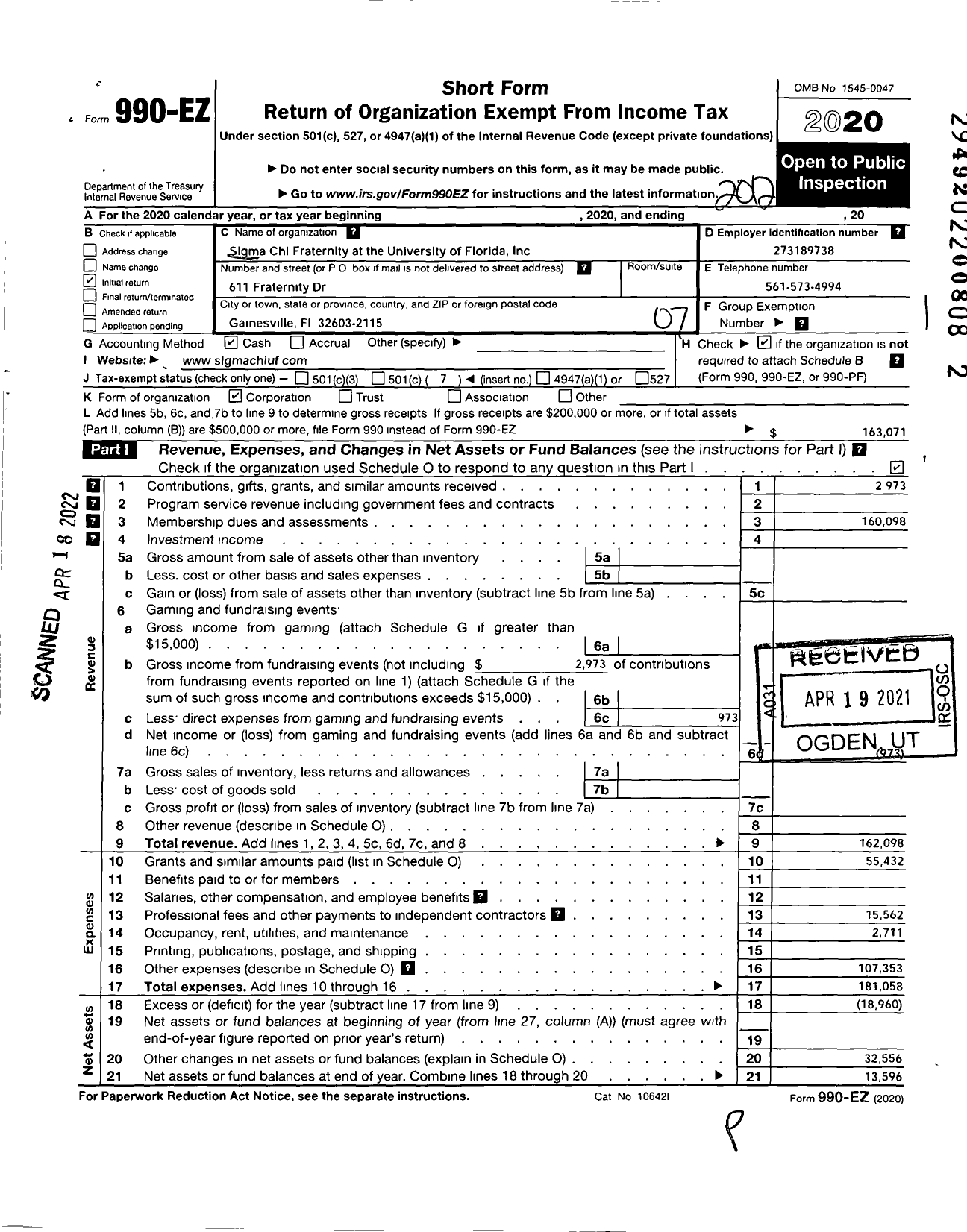 Image of first page of 2020 Form 990EO for Sigma Chi Fraternity at University of Florida