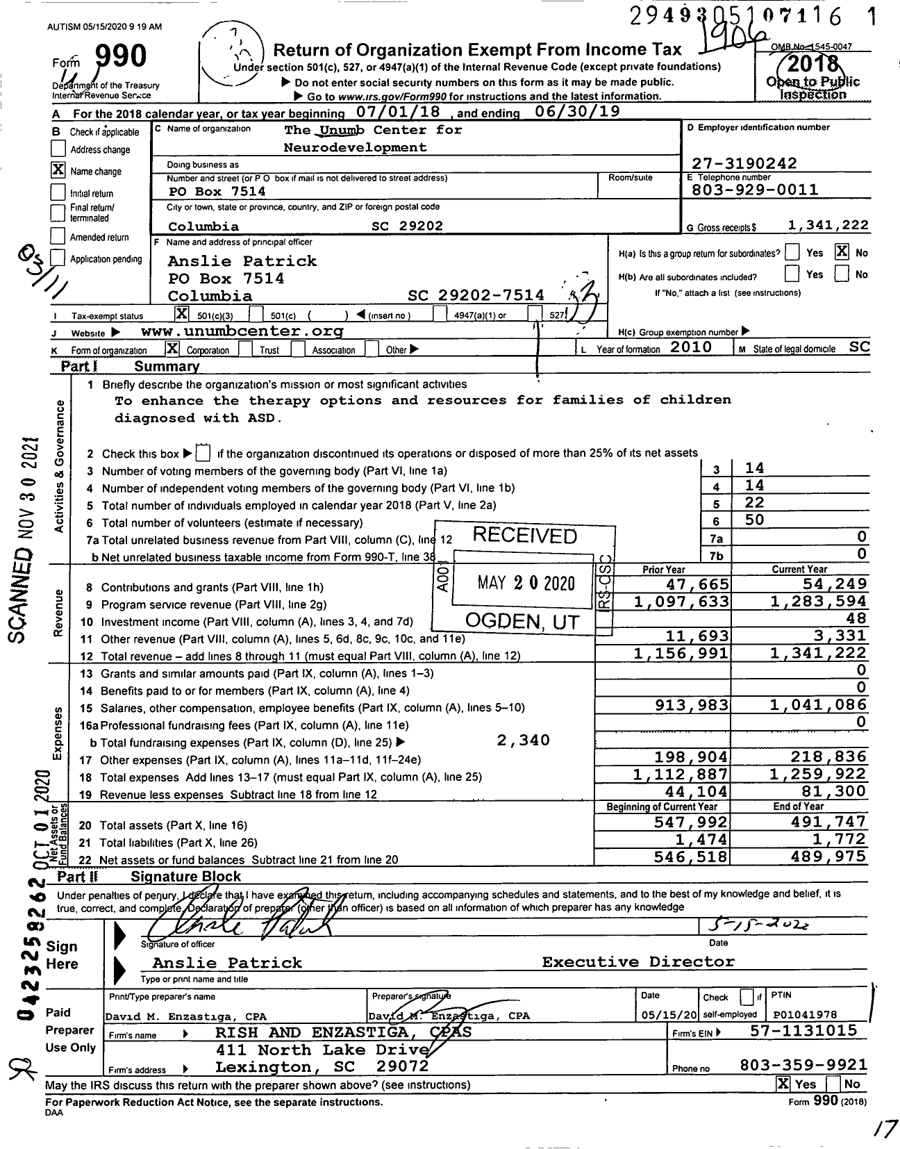 Image of first page of 2018 Form 990 for The Unumb Center for Neurodevelopment