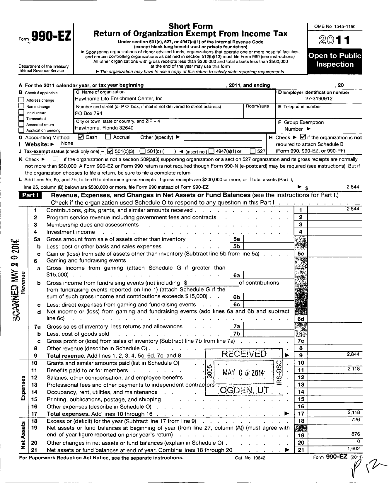 Image of first page of 2011 Form 990EZ for Hawthorne Life Enrichment Center