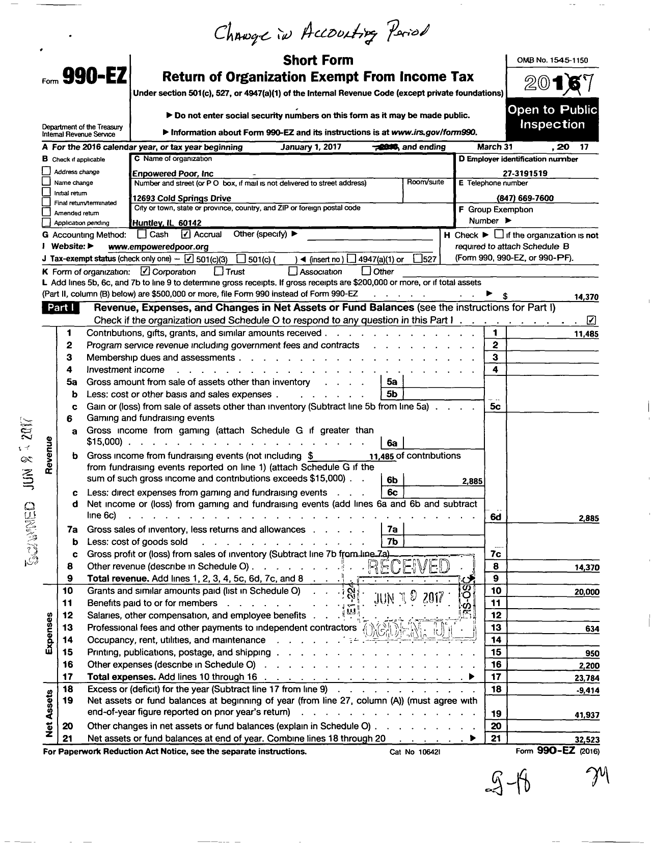 Image of first page of 2016 Form 990EZ for Empowered Poor