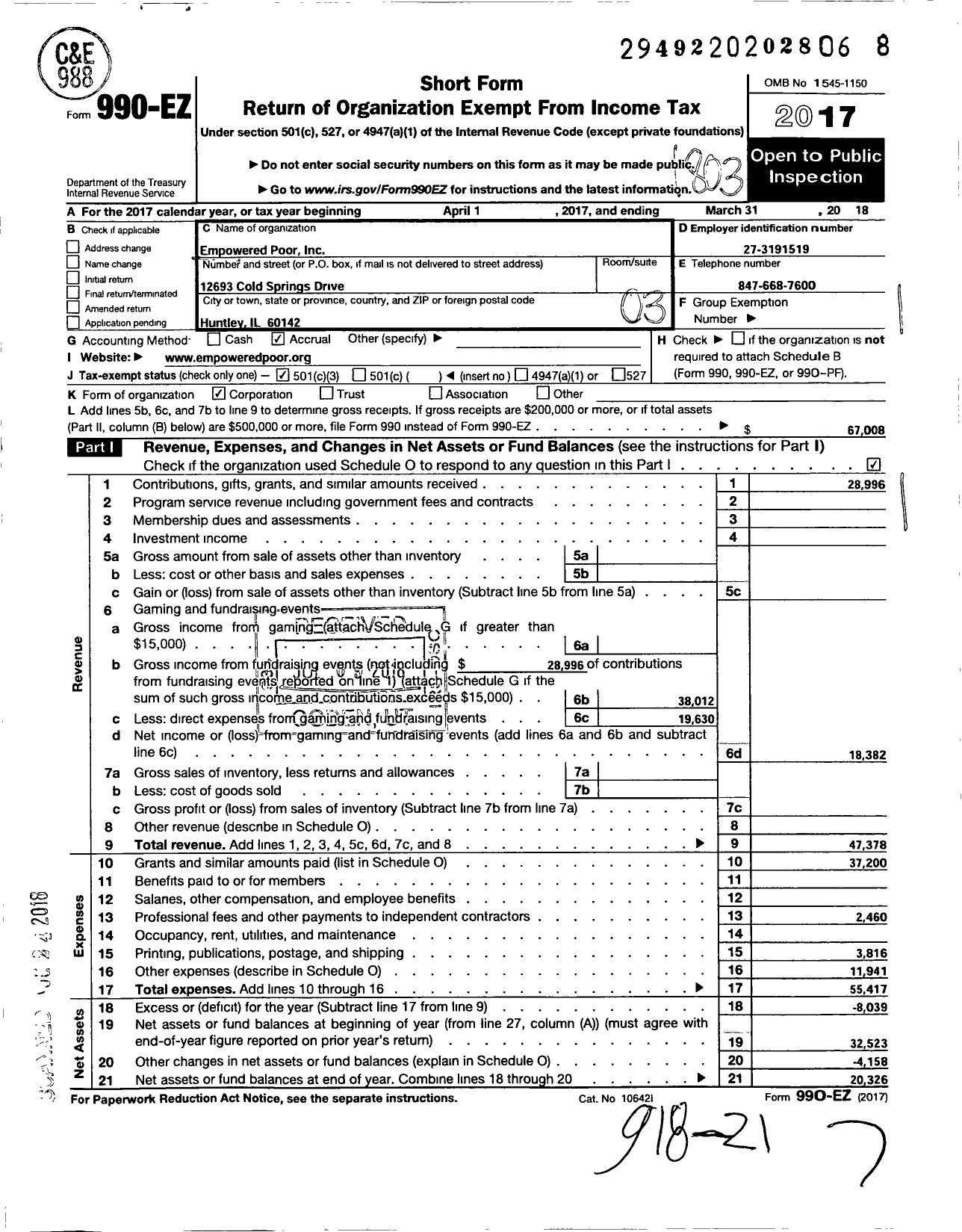 Image of first page of 2017 Form 990EZ for Empowered Poor