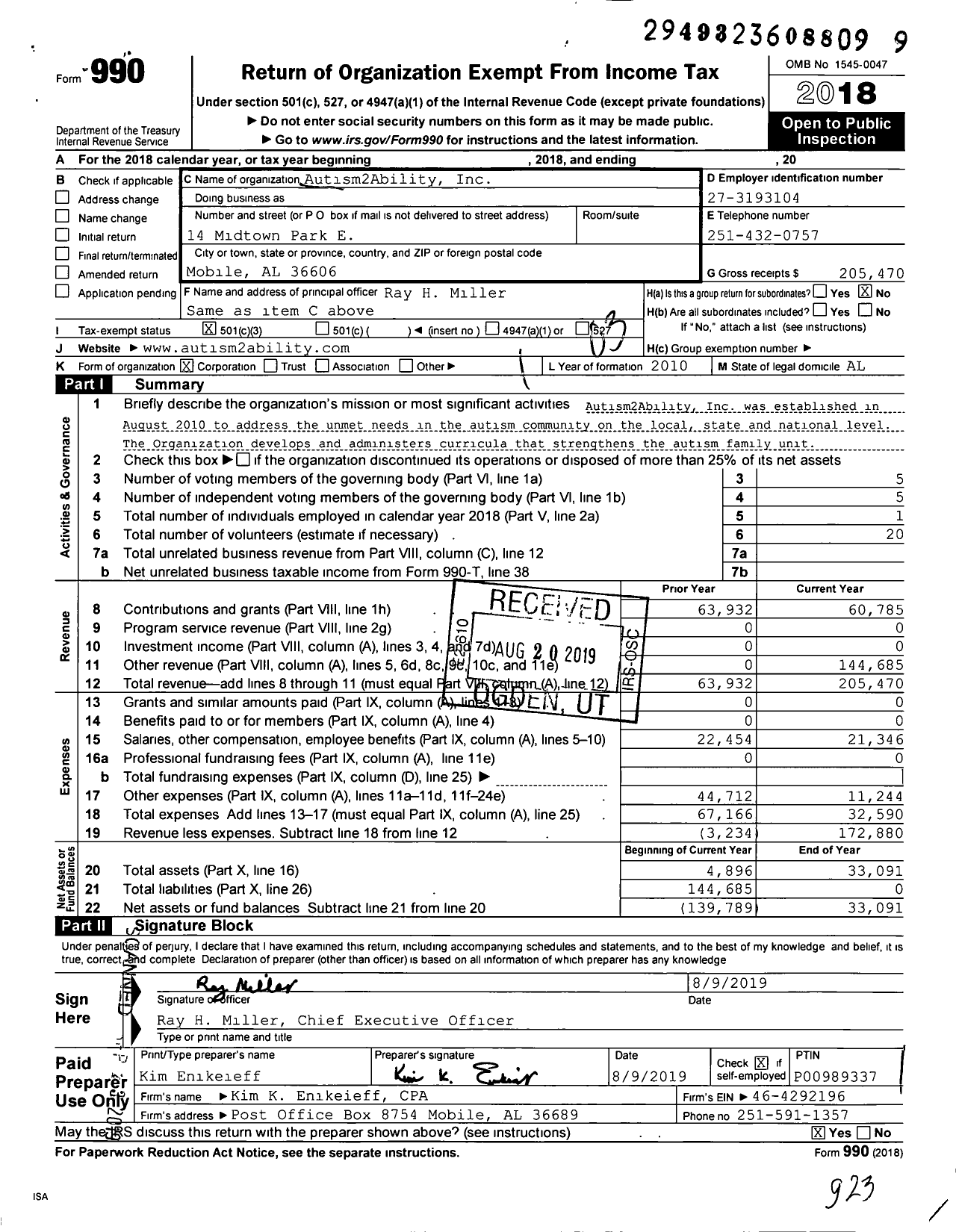 Image of first page of 2018 Form 990 for Autism2Ability